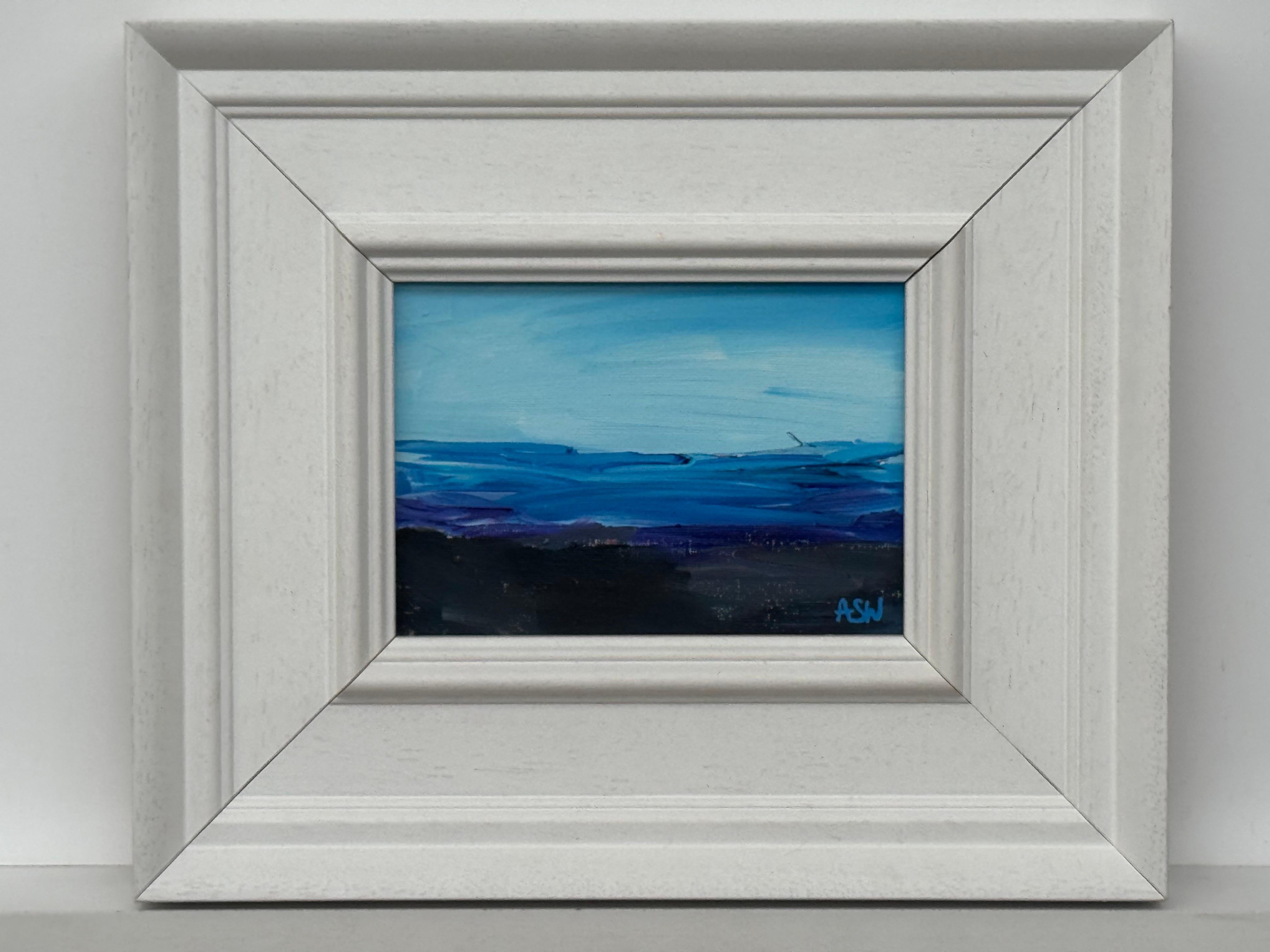 Cobalt Blue Seascape - Miniature Abstract Landscape Art Study by British Artist - Contemporary Painting by Angela Wakefield