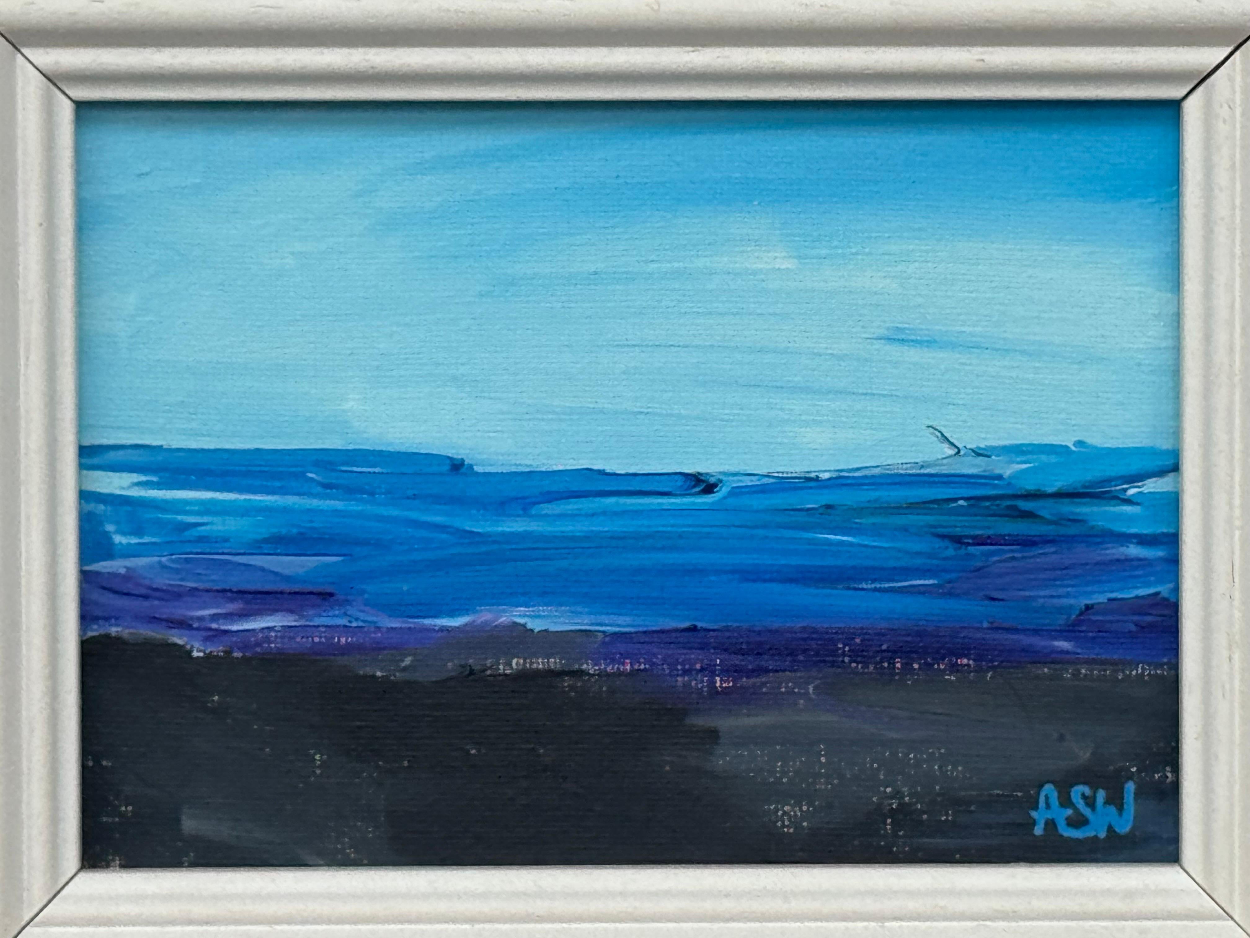 Cobalt Blue Seascape - Miniature Abstract Landscape Art Study by British Artist For Sale 5