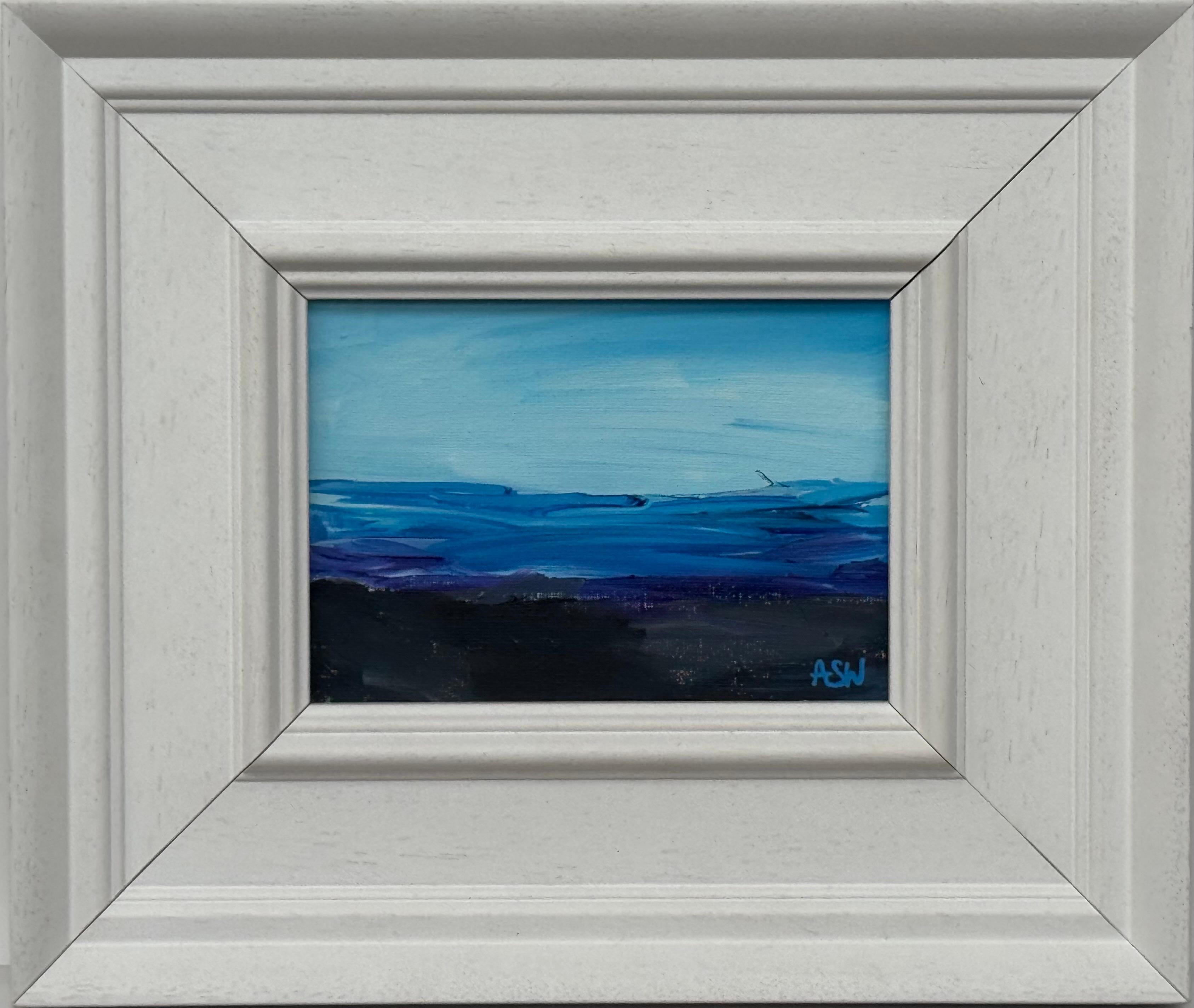 Angela Wakefield Abstract Painting - Cobalt Blue Seascape - Miniature Abstract Landscape Art Study by British Artist