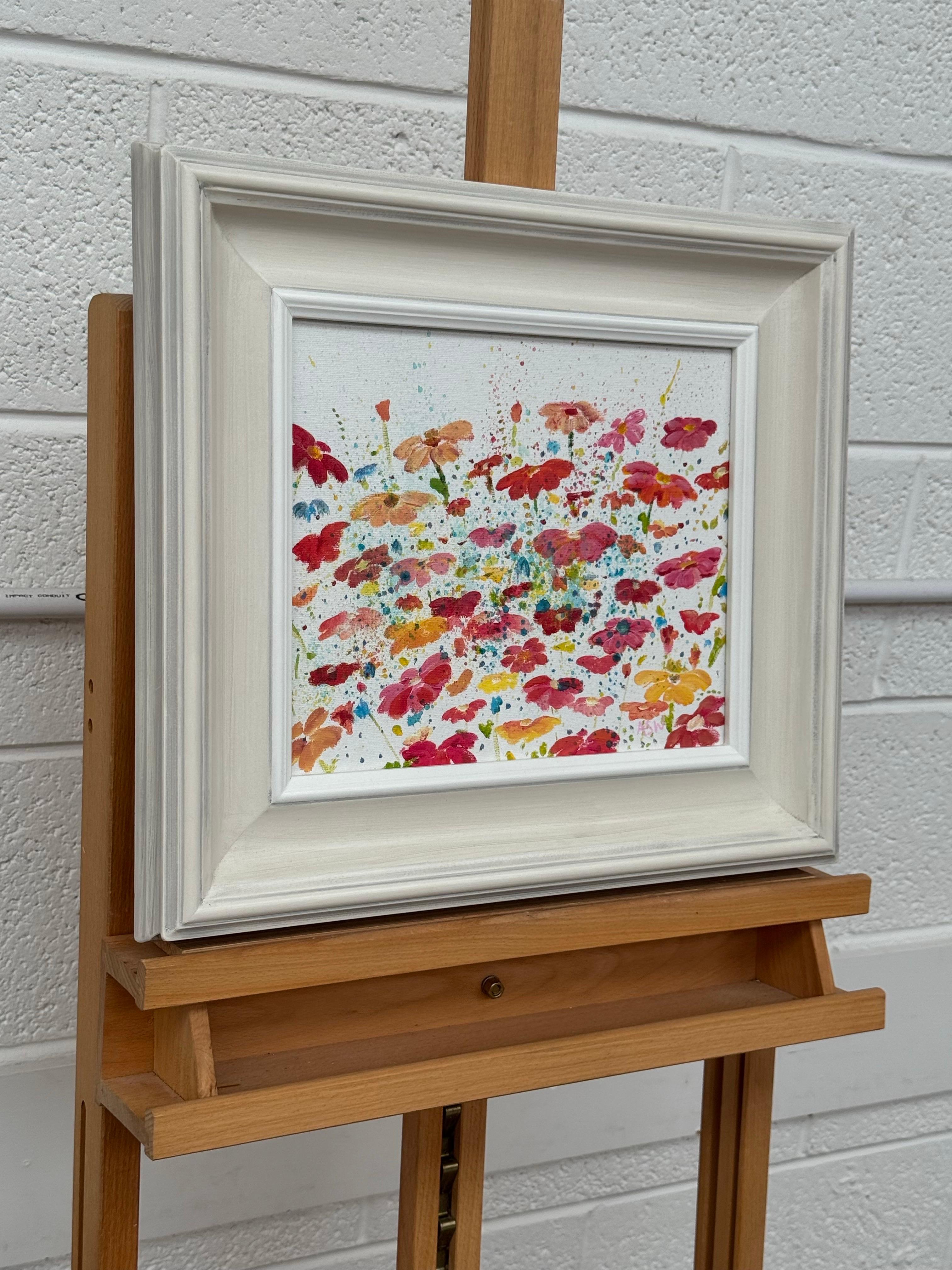 Colourful Abstract Flowers on White Background by Contemporary British Artist - Painting by Angela Wakefield