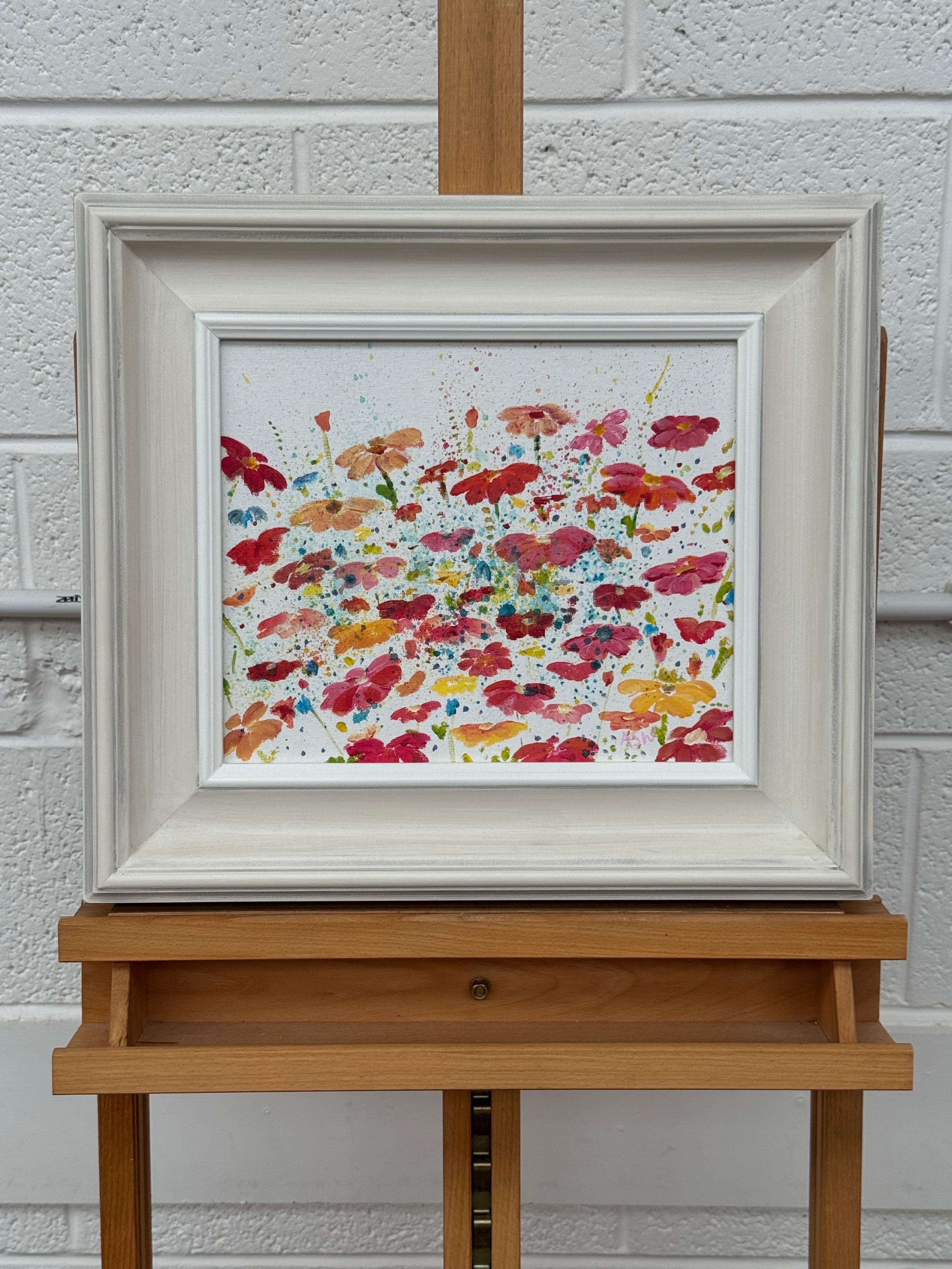 Colourful Abstract Flowers on White Background by Contemporary British Artist - Abstract Impressionist Painting by Angela Wakefield