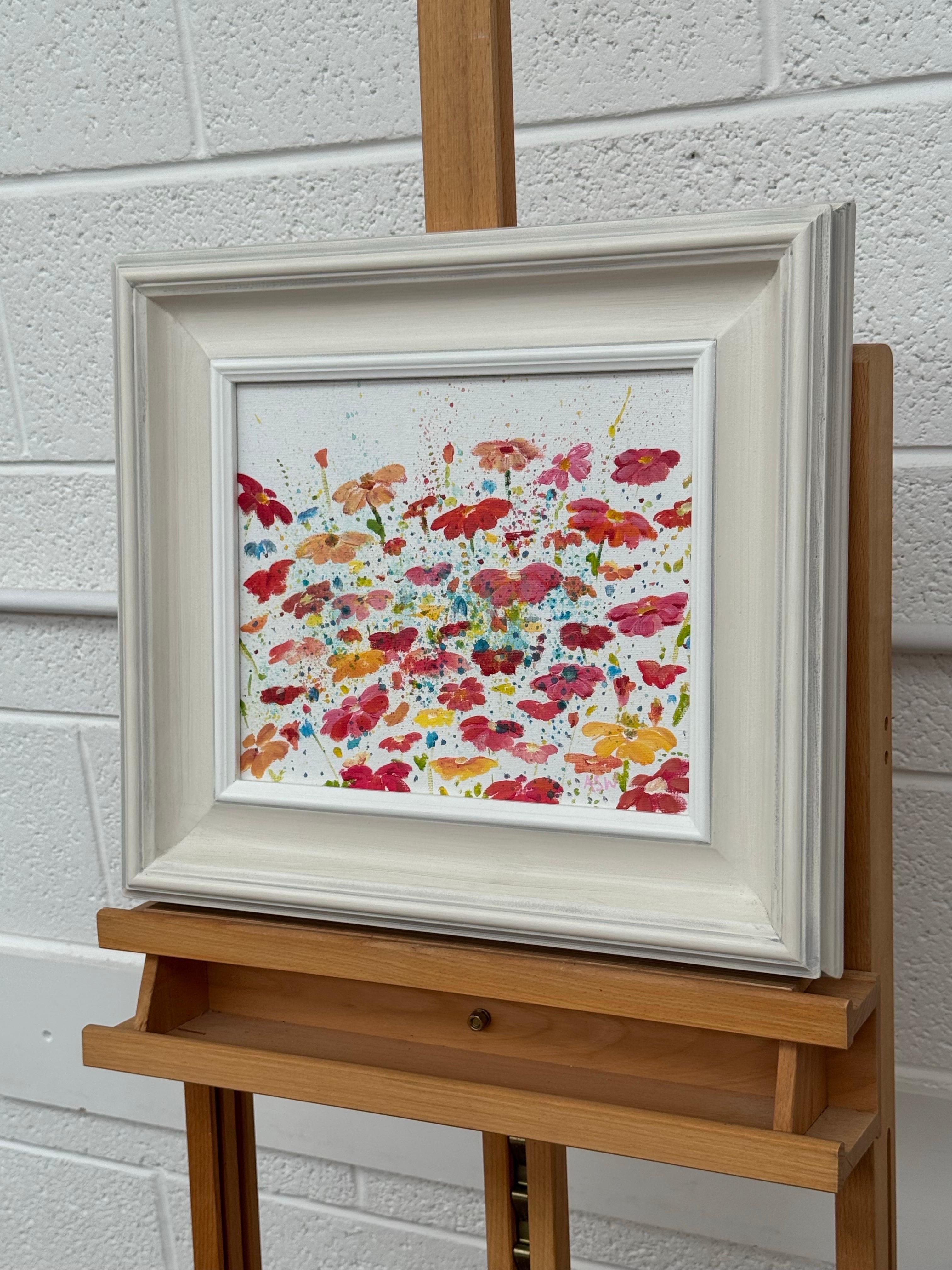 Colourful Abstract Flowers on White Background by Contemporary British Artist - Gray Abstract Painting by Angela Wakefield