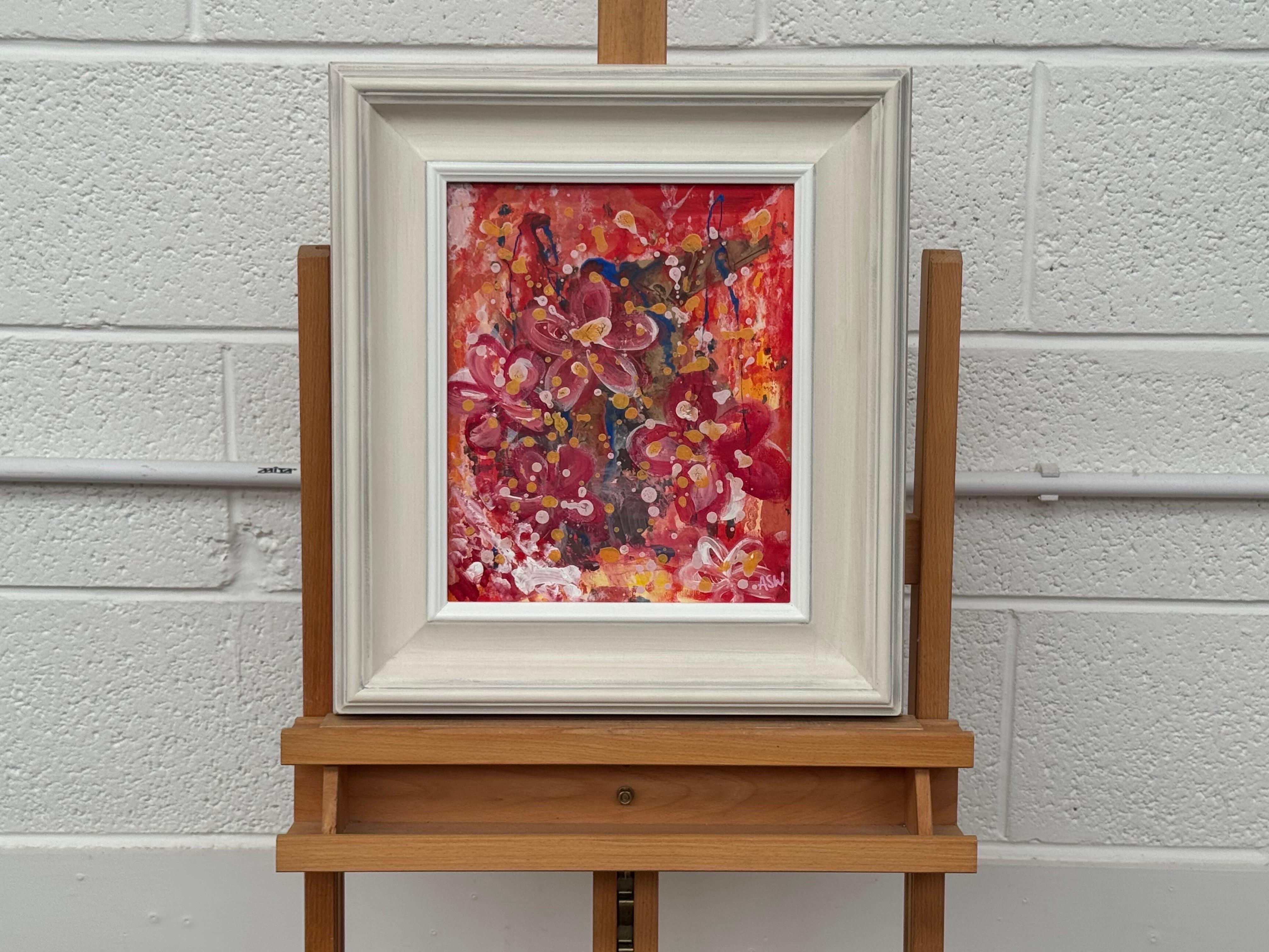 Bunte abstrakte Blumen in Rosa und Gelb von einem zeitgenössischen britischen Künstler (Abstrakter Impressionismus), Art, von Angela Wakefield