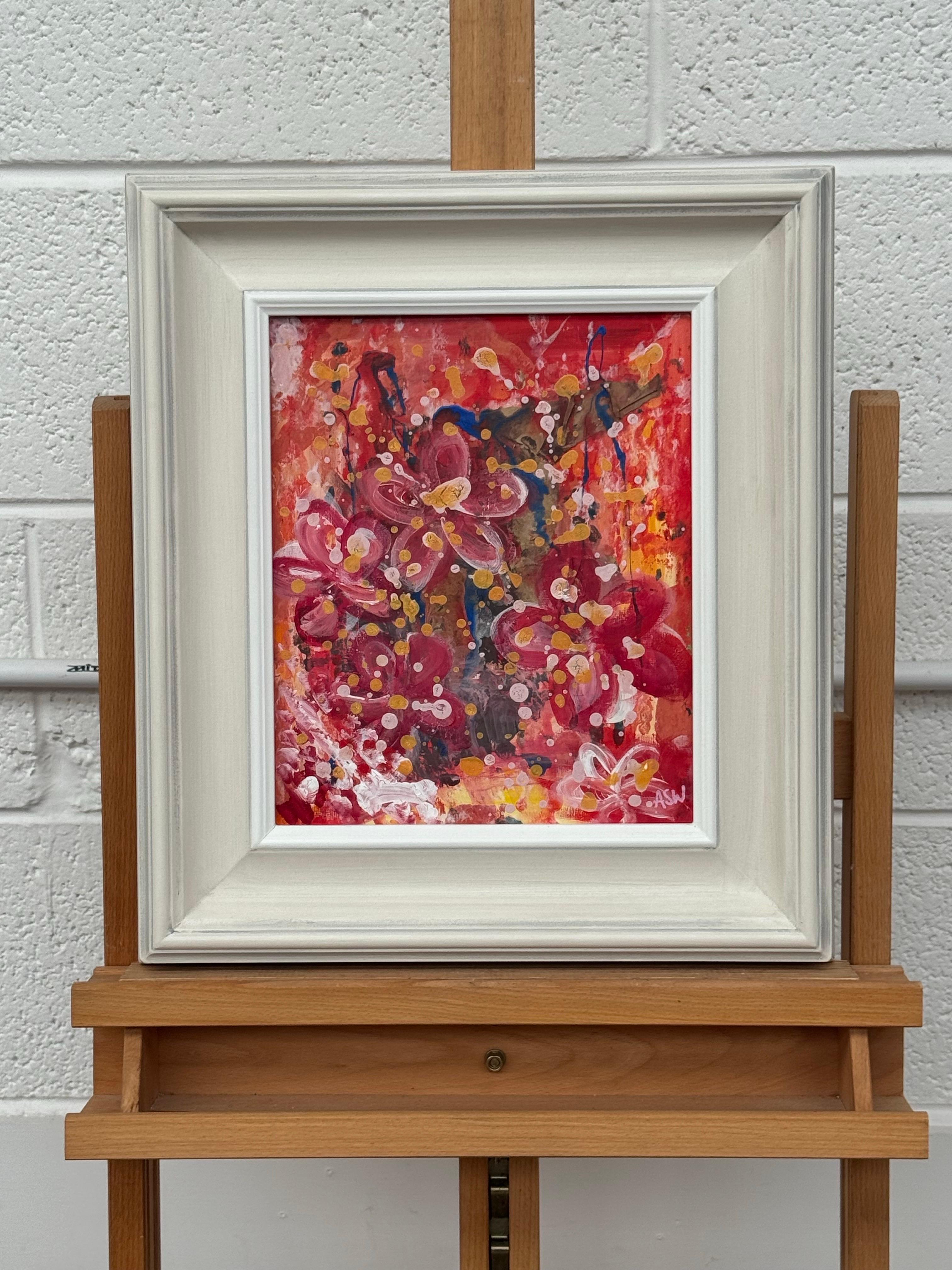 Bunte abstrakte Blumen in Rosa und Gelb von einem zeitgenössischen britischen Künstler (Braun), Abstract Drawing, von Angela Wakefield