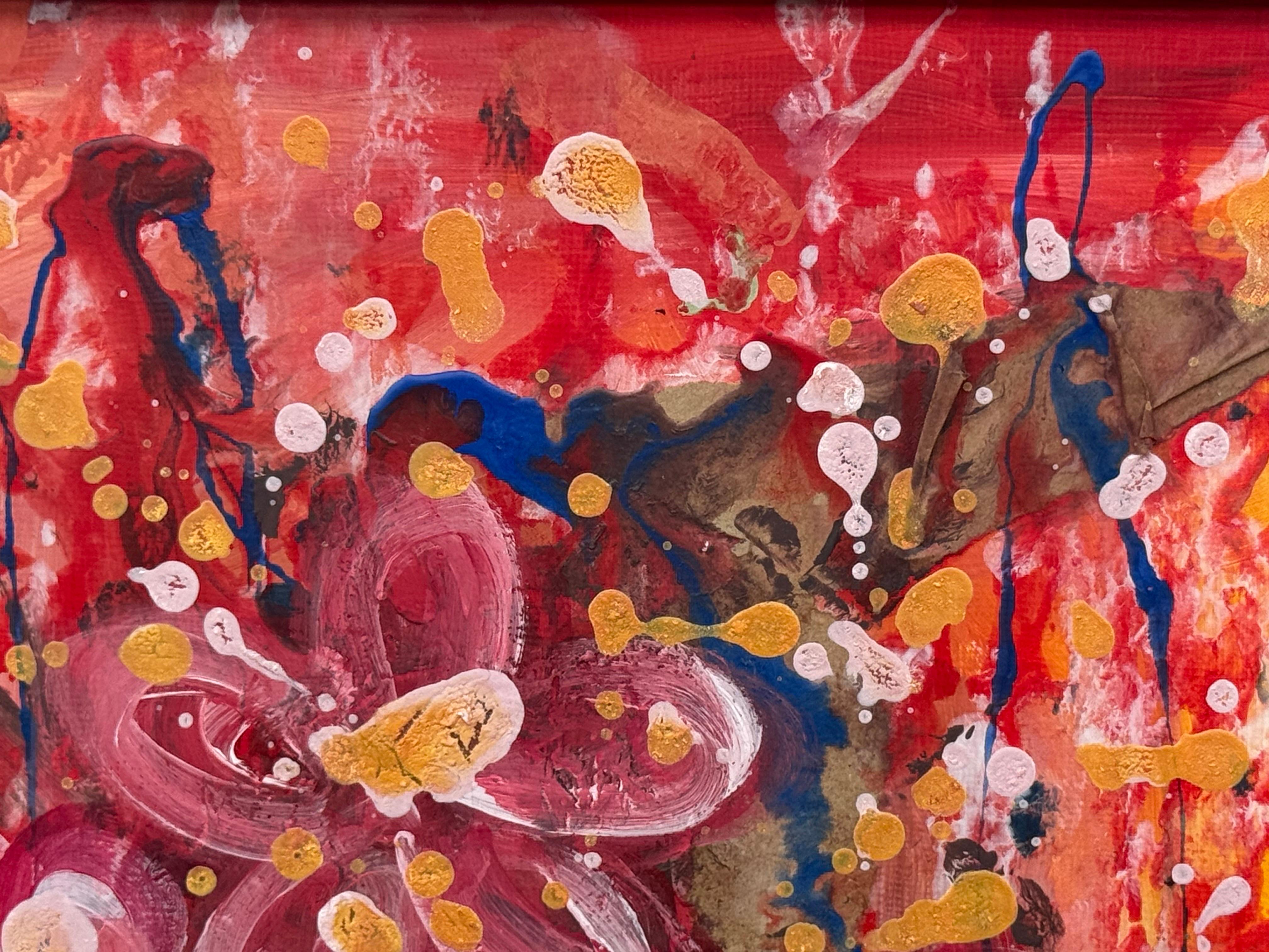 Farbenfrohe abstrakte Blumen in Rosa und Gelb von der zeitgenössischen britischen Künstlerin Angela Wakefield. Dieses Original stammt aus der Inneneinrichtungsserie 
