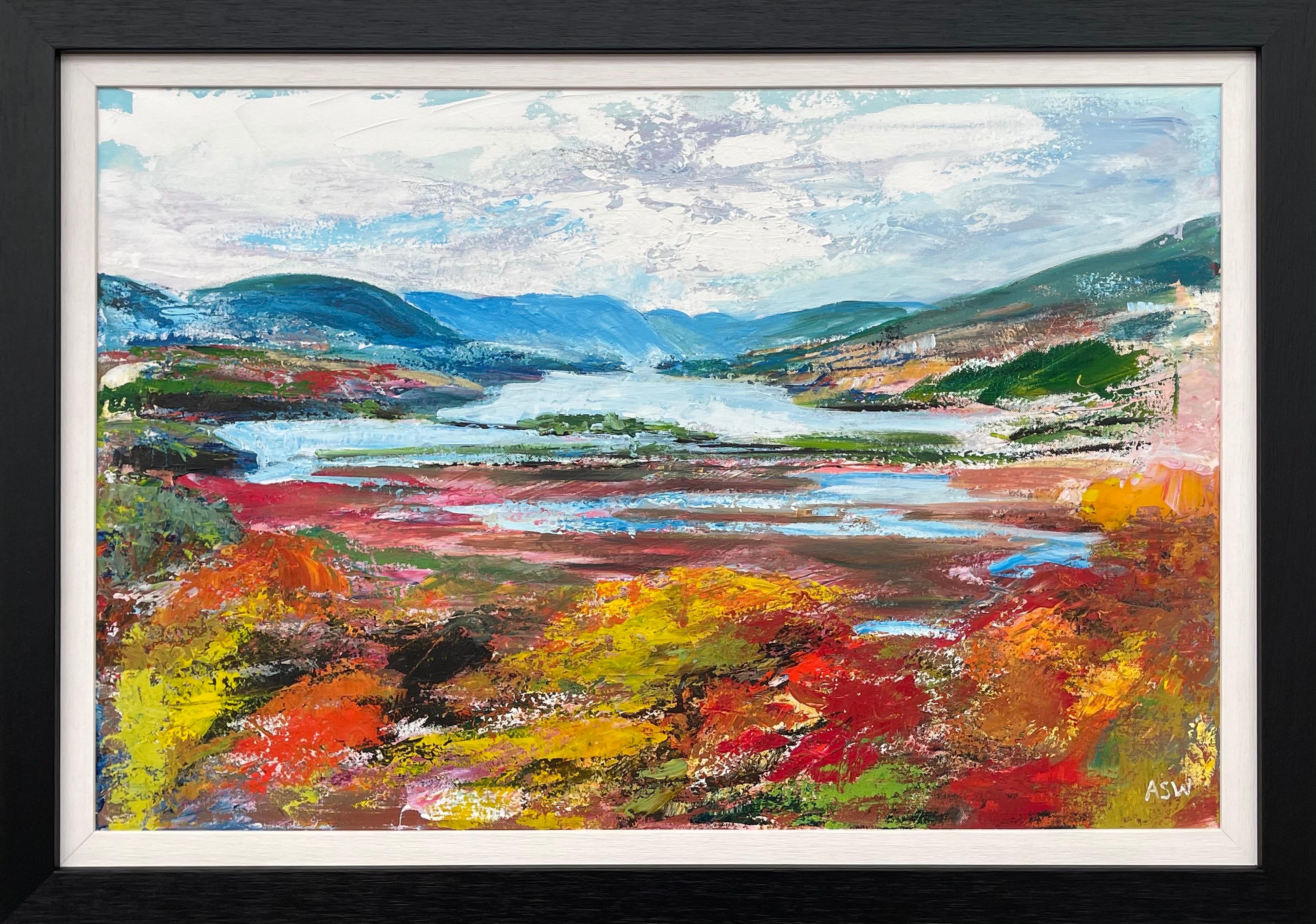 Abstract Painting di Angela Wakefield - Colorato dipinto astratto di paesaggio del fiume Hudson realizzato da un artista contemporaneo