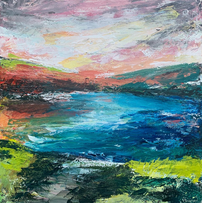 Colourful Abstract River Bank Lakeside Landscape by Contemporary British Artist For Sale 9