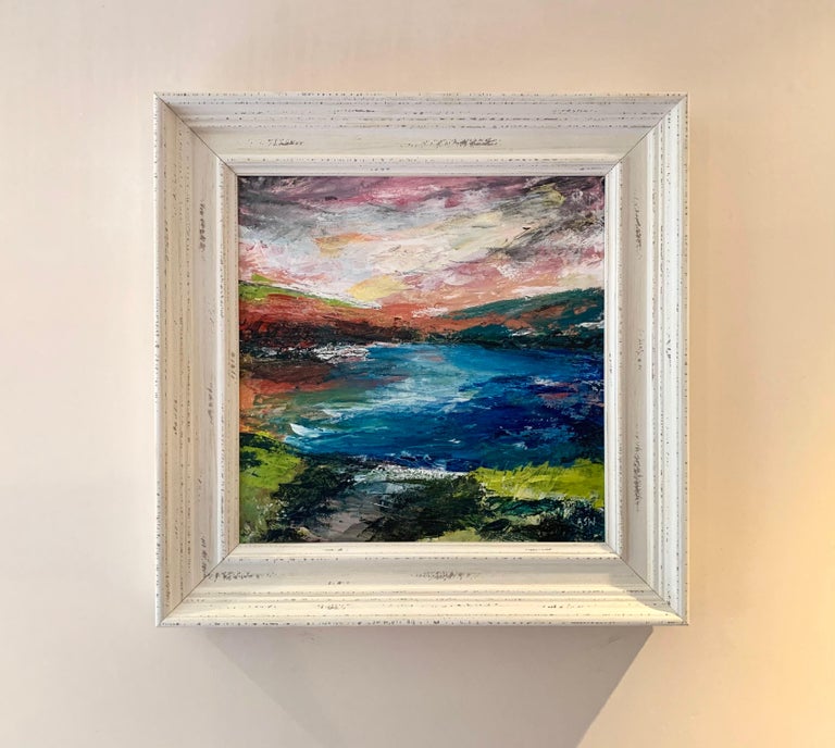 Colourful Abstract River Bank Lakeside Landscape by Contemporary British Artist - Abstract Impressionist Painting by Angela Wakefield