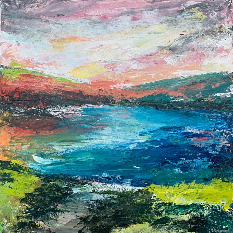 Colourful Abstract River Bank Lakeside Landscape by Contemporary British Artist For Sale 3