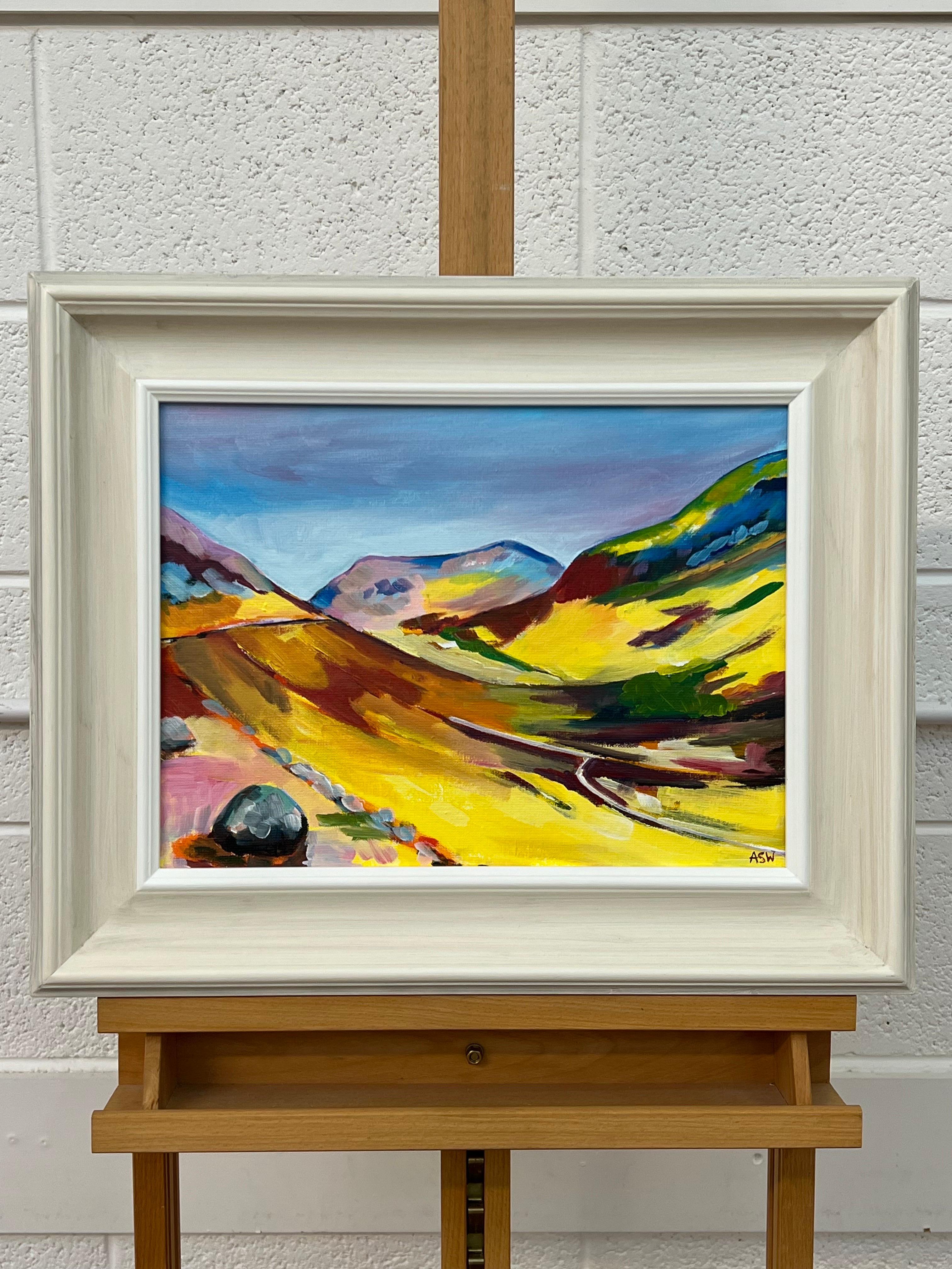 Colourful Yellow Abstract Landscape Painting of the Scottish Highlands by British Contemporary Artist, Angela Wakefield. Framed in the highest quality hand-finished off-white moulding 

Art measures 16 x 12 inches
Frame measures 22 x 18