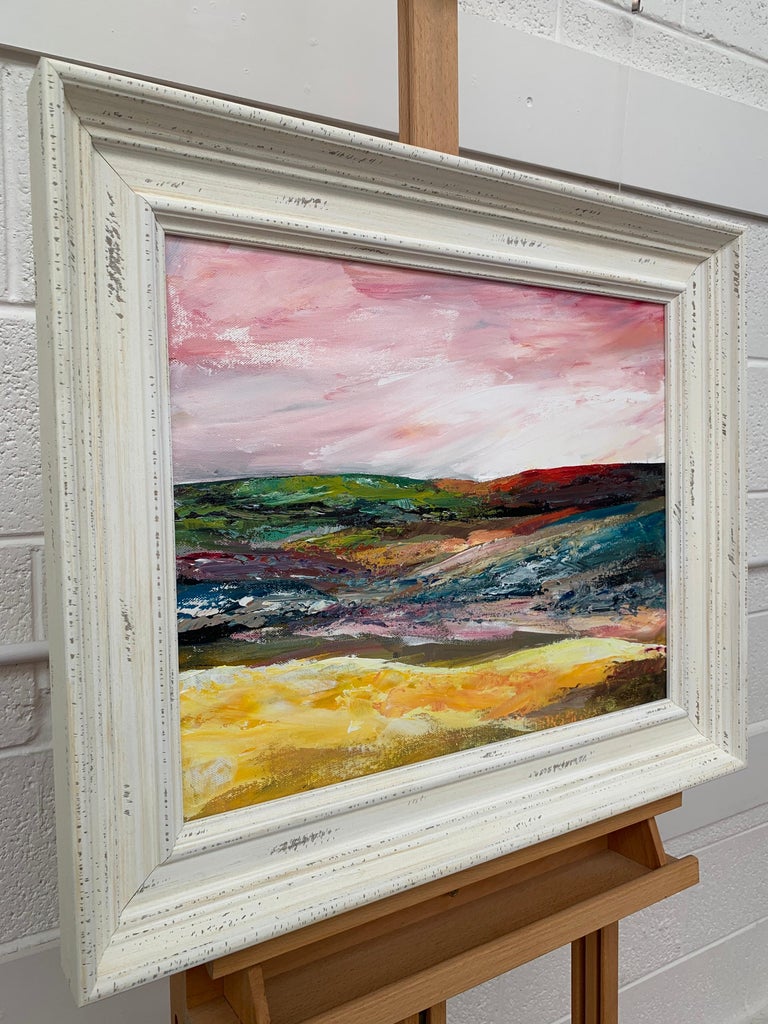 Colourful English Moor Landscape with Pink Sky by Contemporary British Artist - Painting by Angela Wakefield