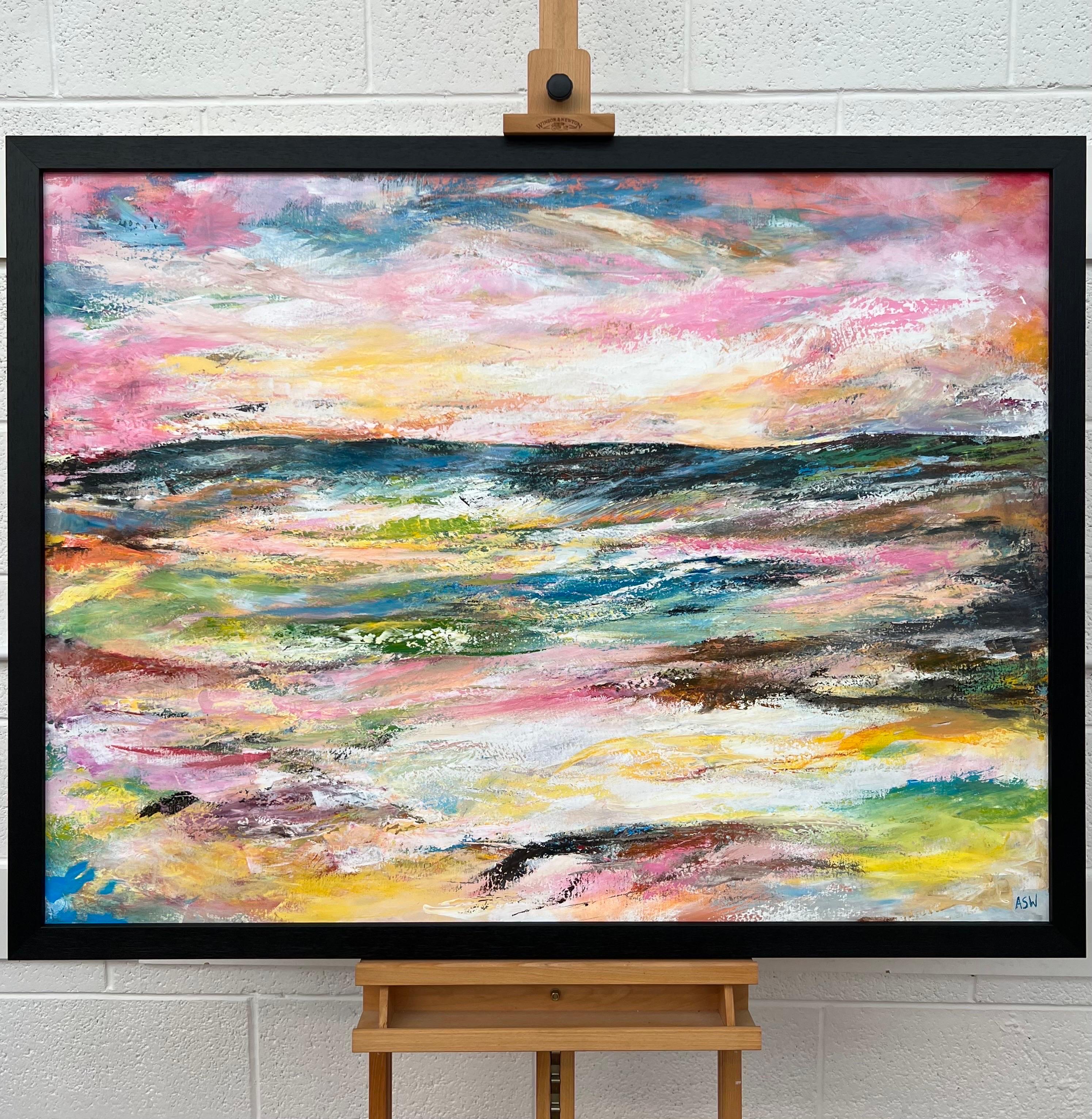 Colourful & Expressive Abstract Landscape Painting using muted pinks, blues & yellows by leading Contemporary British Artist, Angela Wakefield. This unique original forms part of a new body of work based on human emotions, and explores the