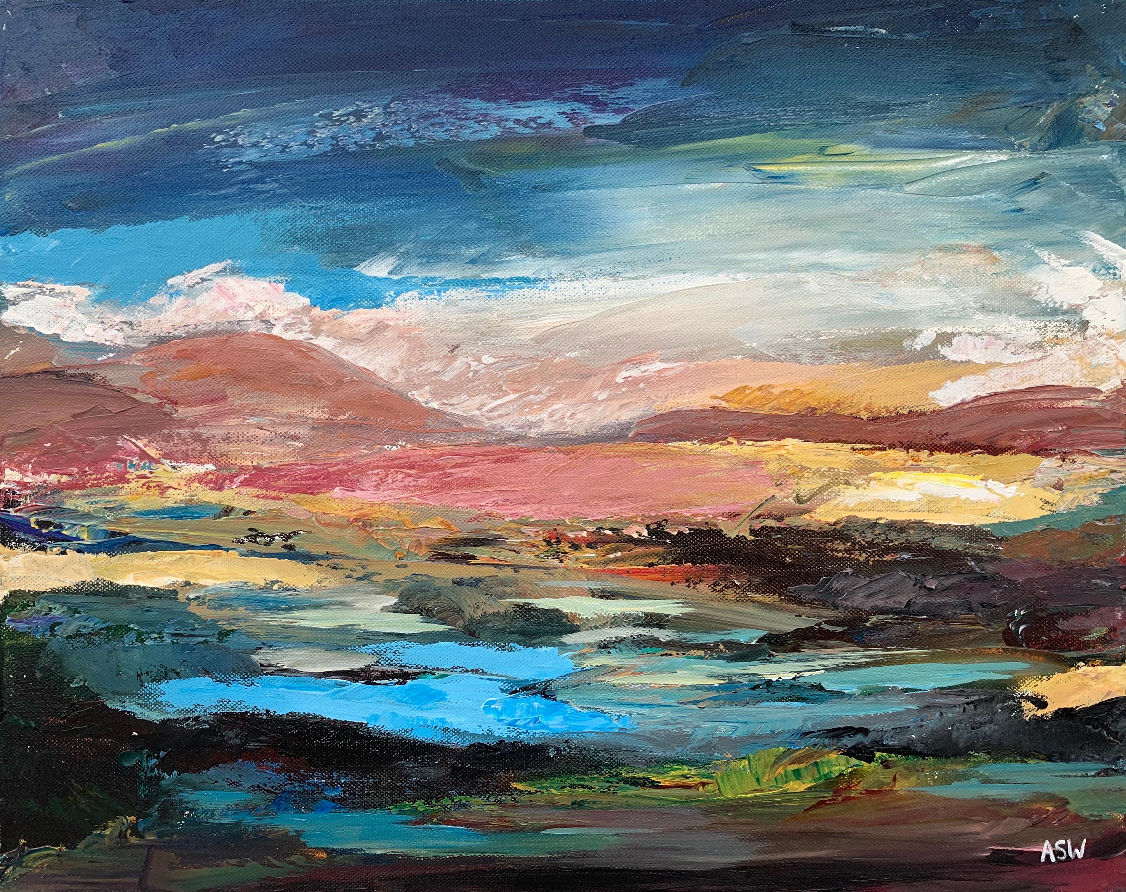 Colourful Expressive Abstract Mountain Landscape by Contemporary British Artist  - Abstract Impressionist Painting by Angela Wakefield