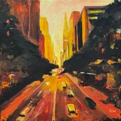 Colourful Golden Orange Impasto Abstract Landscape of Chrysler in New York City