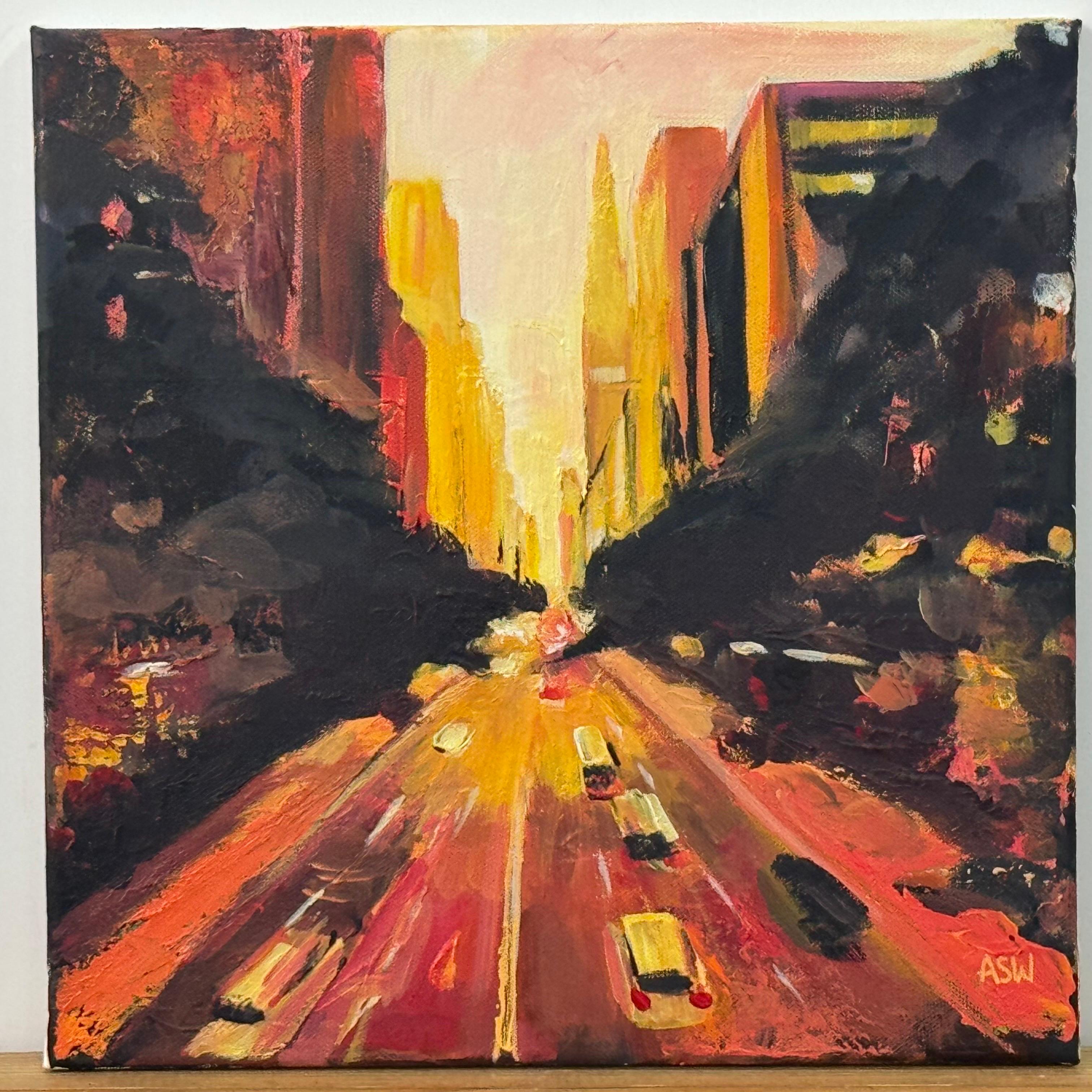 Bunte, goldorangefarbene Impasto-Abstrakte Landschaft von Chrysler in New York City (Post-Impressionismus), Painting, von Angela Wakefield