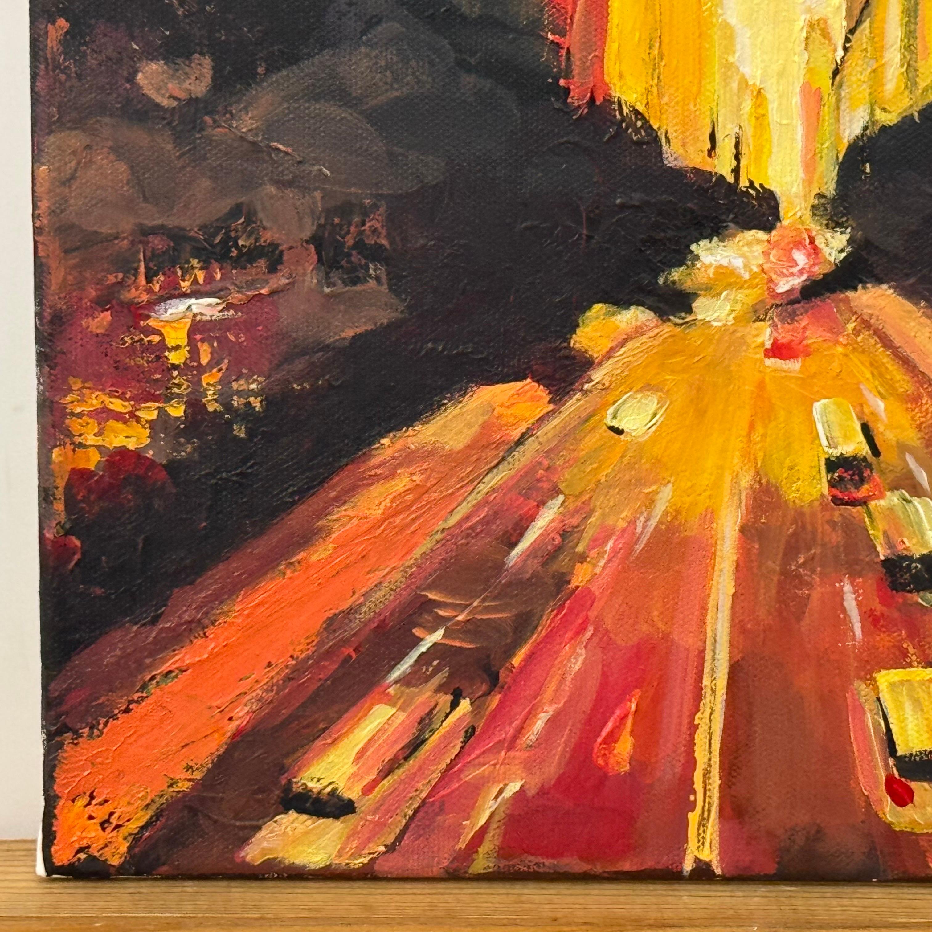 Bunte, goldorangefarbene Impasto-Abstrakte Landschaft von Chrysler in New York City (Schwarz), Landscape Painting, von Angela Wakefield