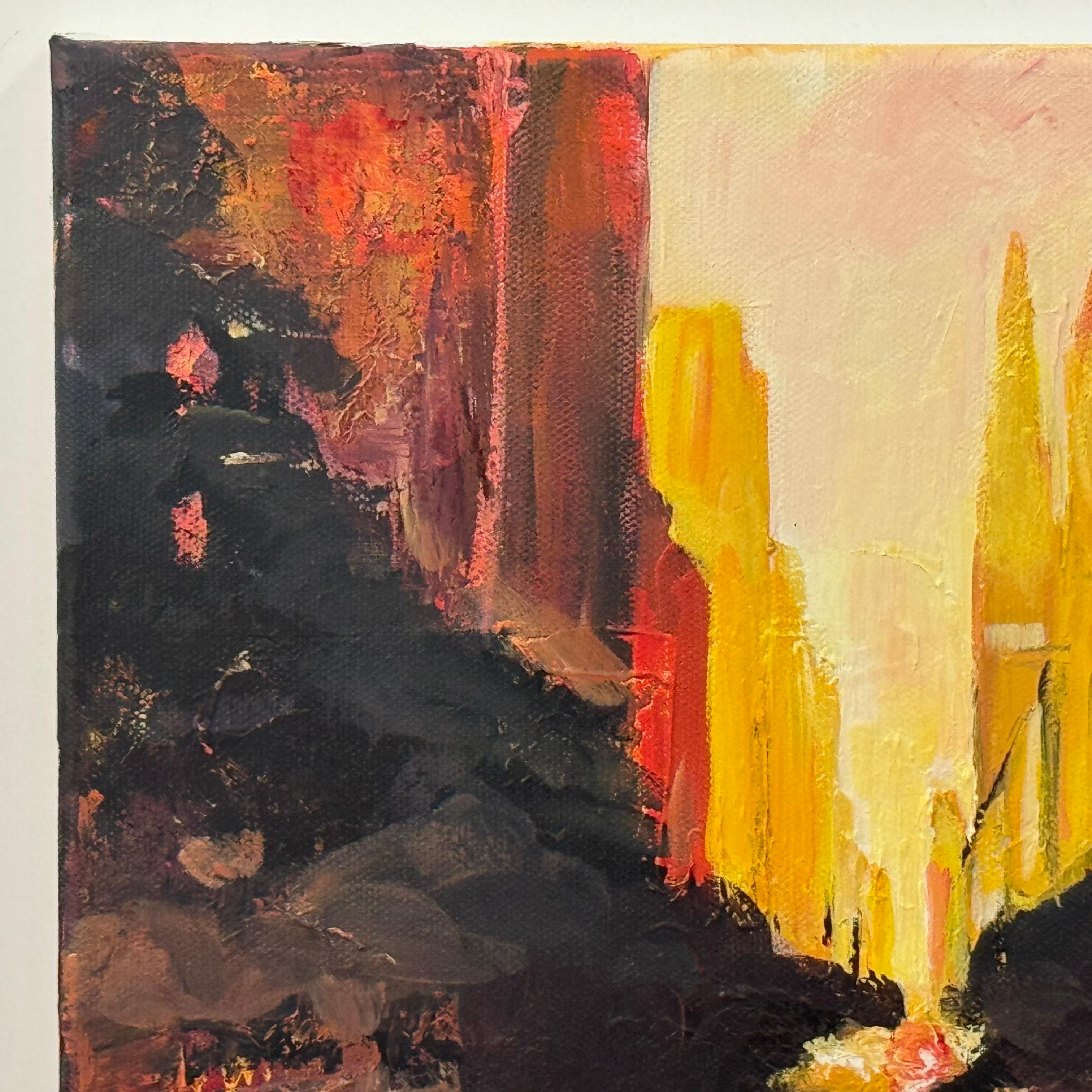Farbenfrohe, gold-orangefarbene abstrakte Impasto-Landschaft von Chrysler in New York City von der führenden britischen Landschaftskünstlerin Angela Wakefield (geb. 1978) mit dem Titel 