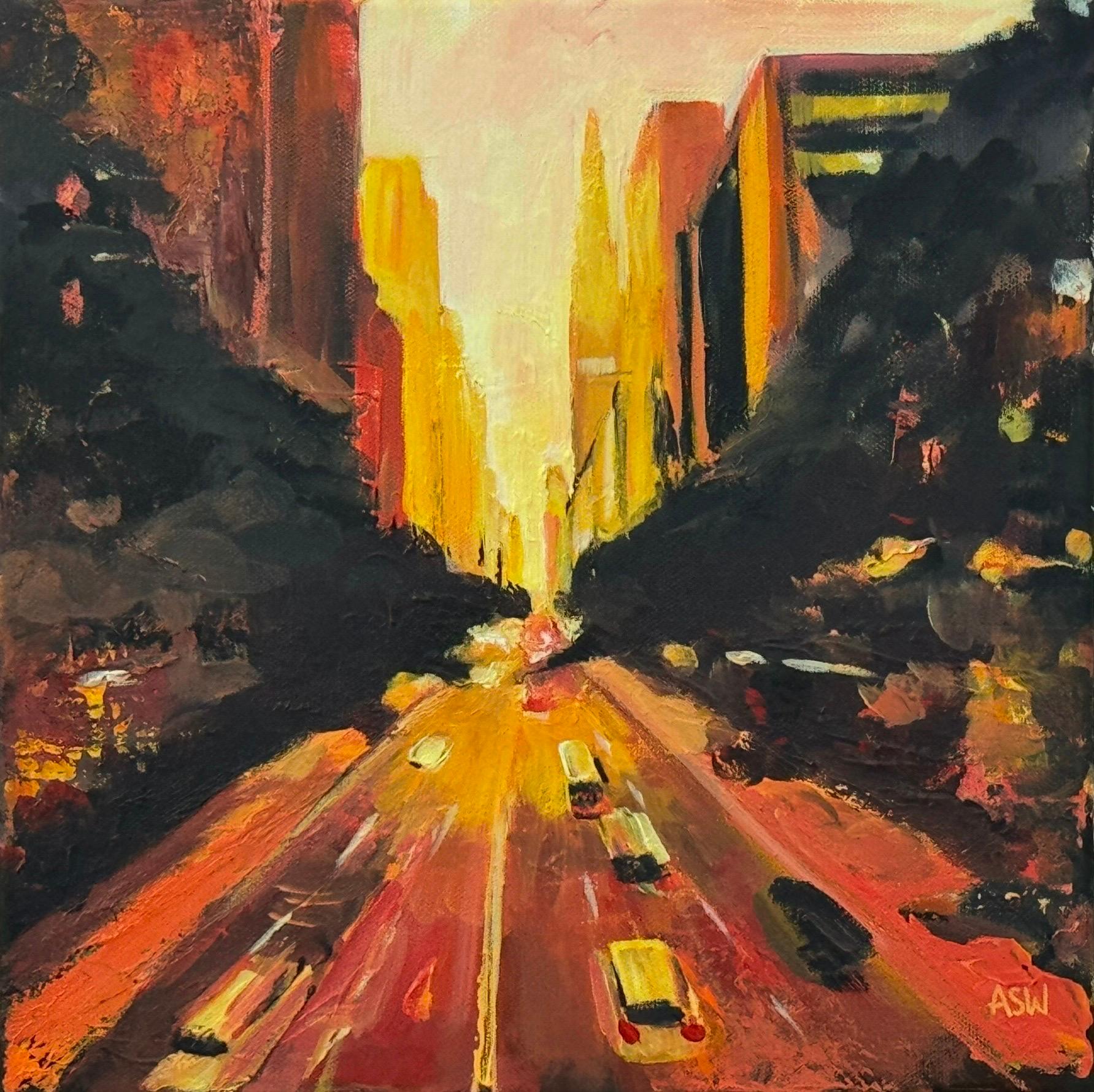 Angela Wakefield Landscape Painting – Bunte, goldorangefarbene Impasto-Abstrakte Landschaft von Chrysler in New York City
