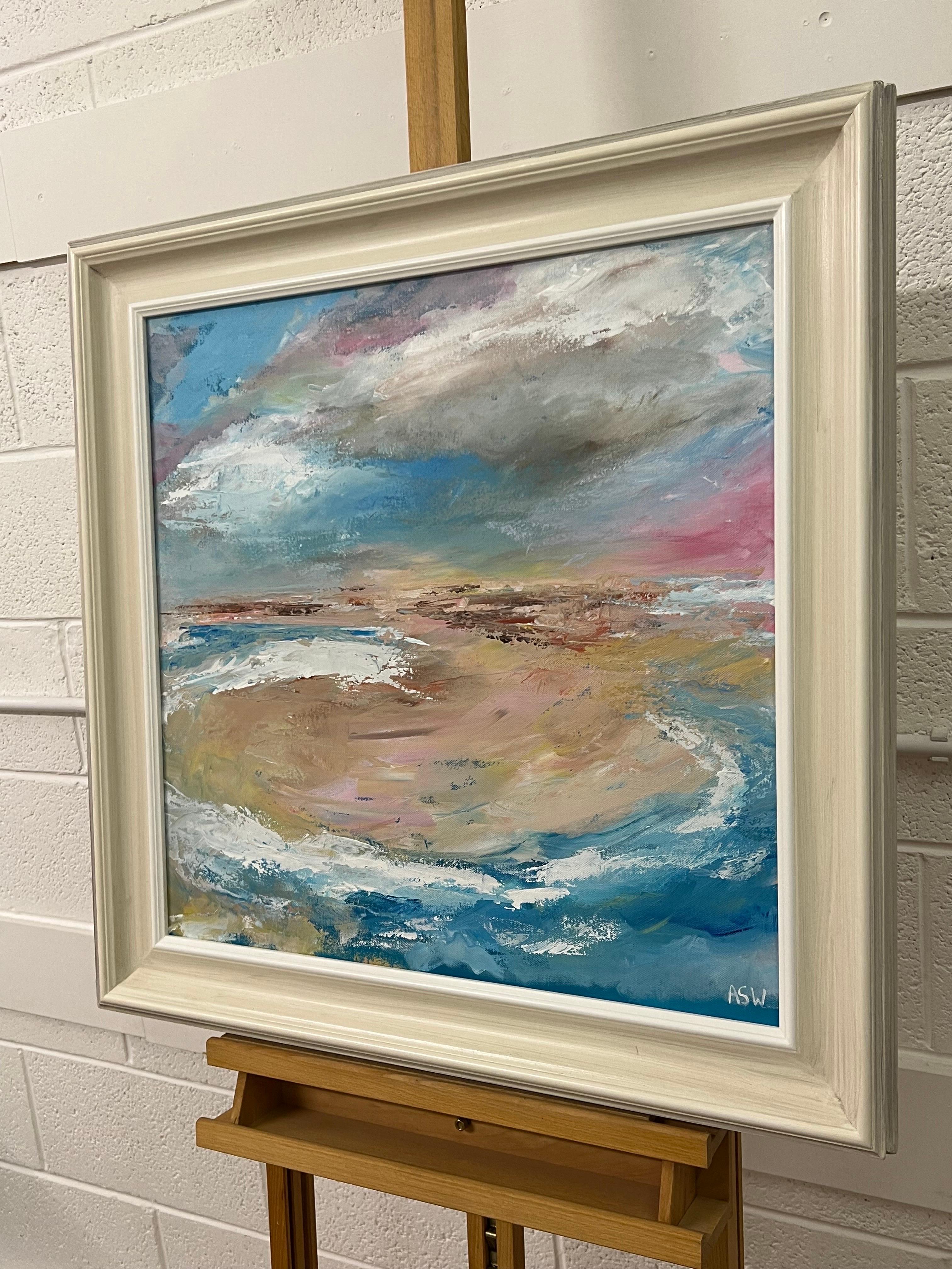 Colourful Abstract Impressionist Seascape Landscape by Contemporary British Artist, Angela Wakefield. This atmospheric painting depicts an imagined scene using vivid red, orange, yellow and blue colours. This unique original forms part of a new body