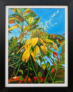 Colorido cuadro original de flores de jardín campestre inglés por un artista británico