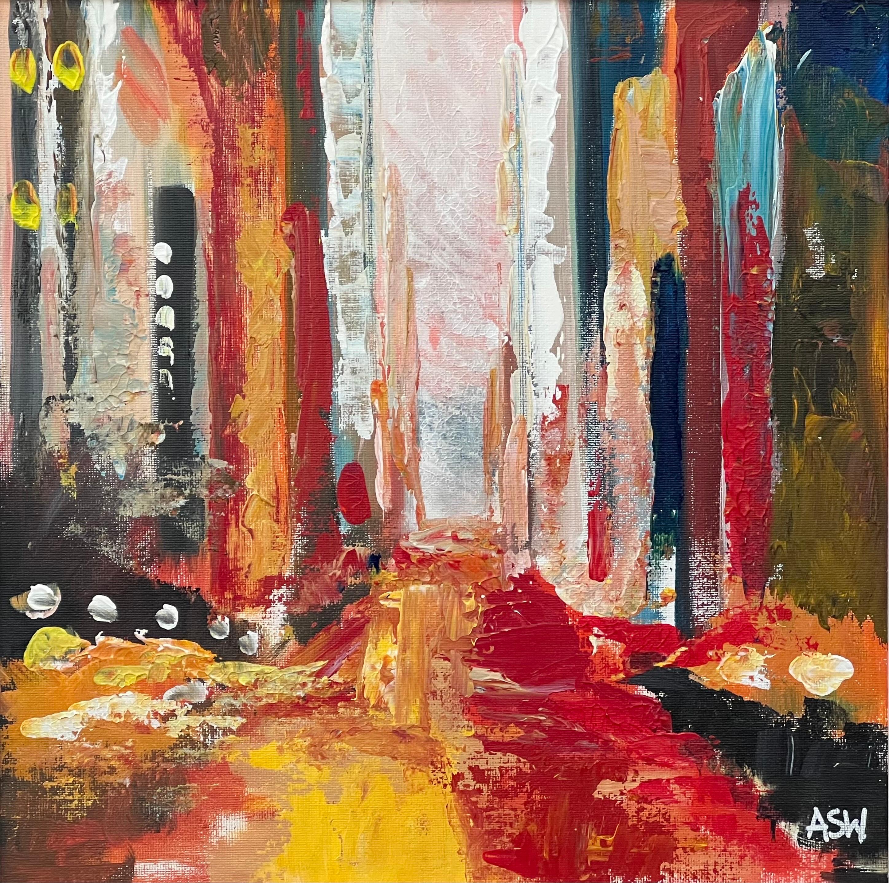 Bunte rote Impasto-Abstrakte Interpretation von New York City von britischem Künstler im Angebot 5