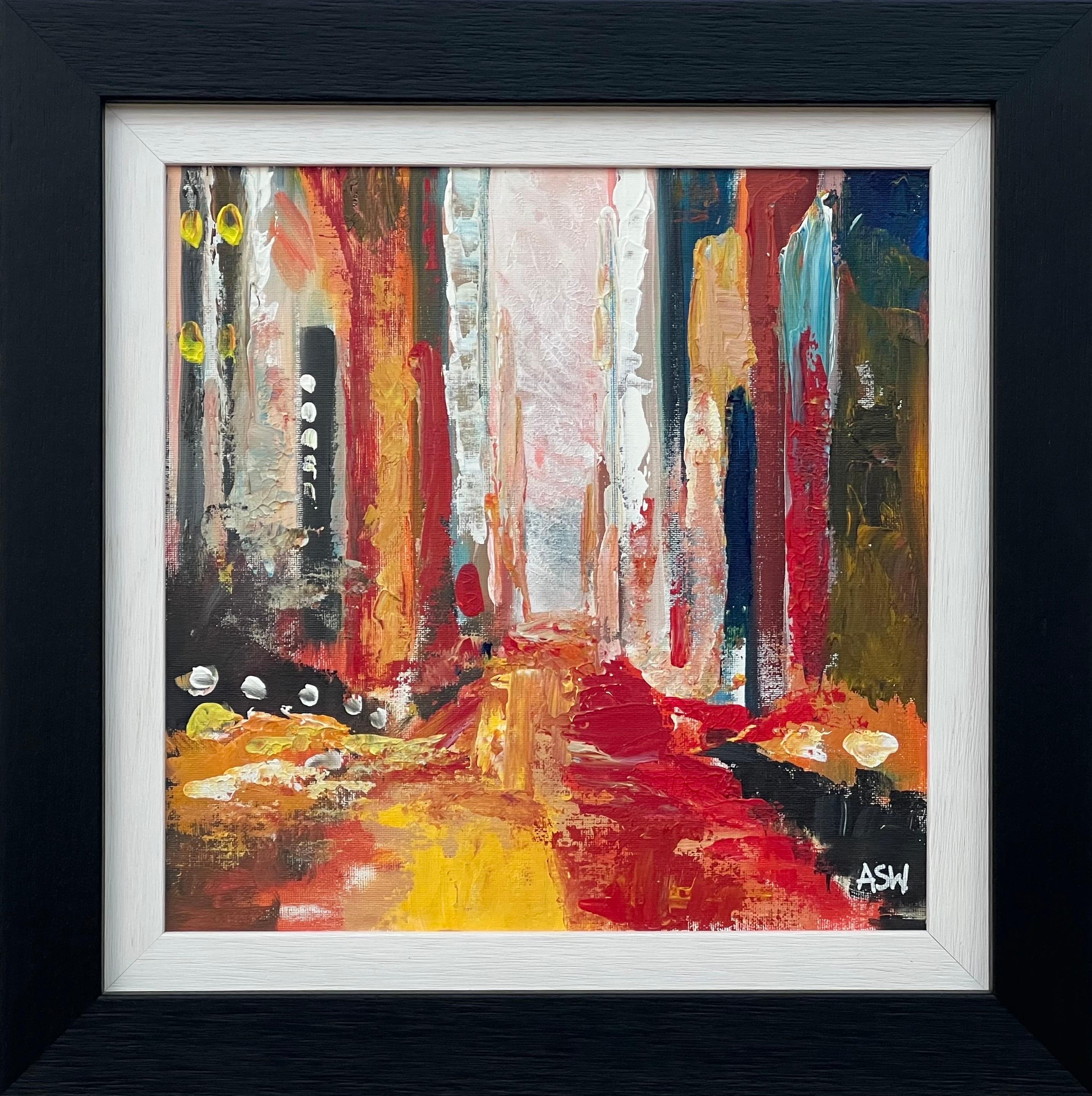 Angela Wakefield Abstract Painting – Bunte rote Impasto-Abstrakte Interpretation von New York City von britischem Künstler