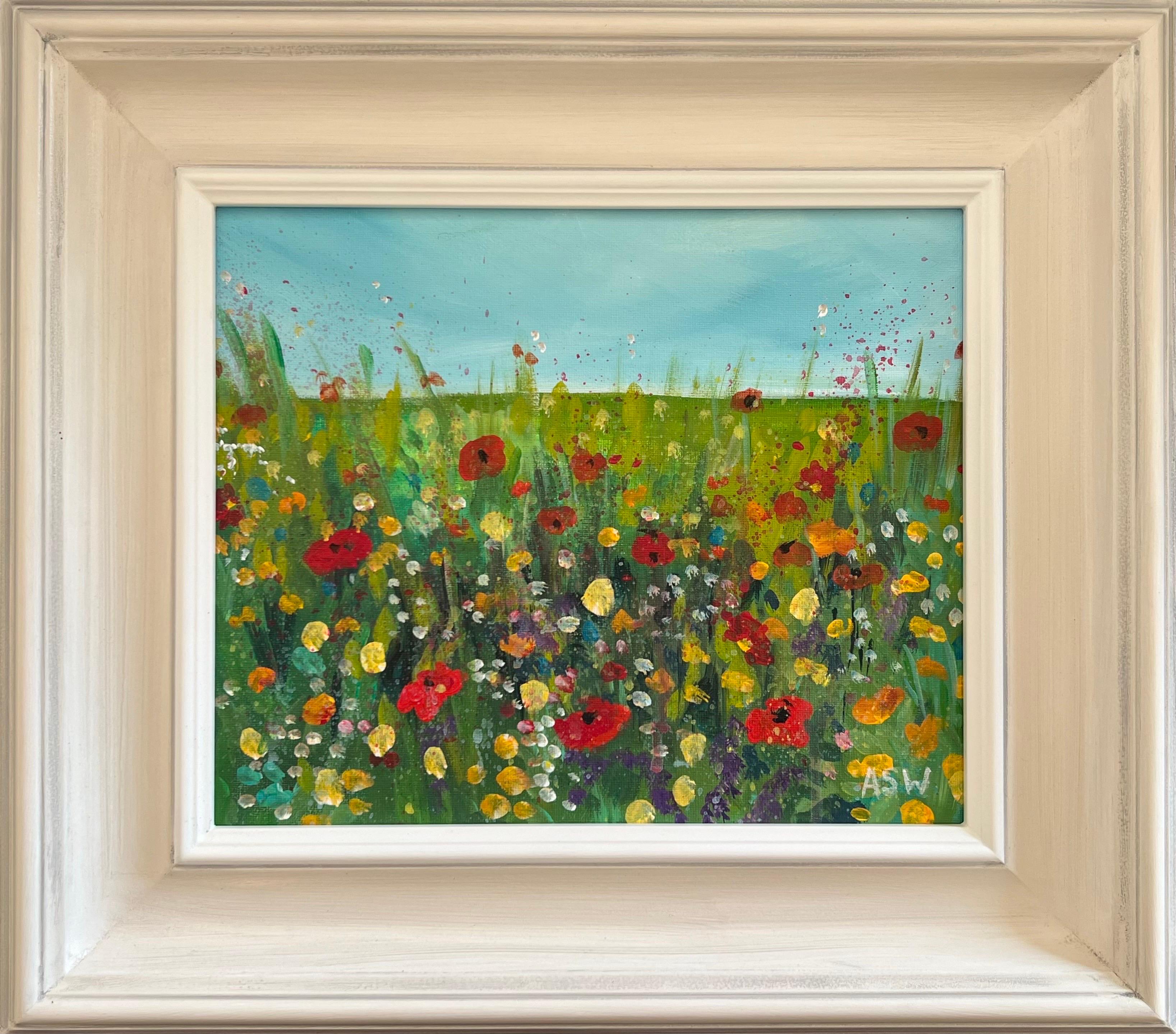 Angela Wakefield Abstract Painting - Colourful Wild Red & Yellow Flowers in a Meadow Landscape by Contemporary Artist