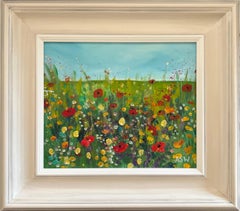 Colourful Wild Red & Yellow Flowers in a Meadow Landscape by Contemporary Artist