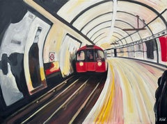Peinture contemporaine représentant le métro de Londres, acrylique sur toile, encadrée