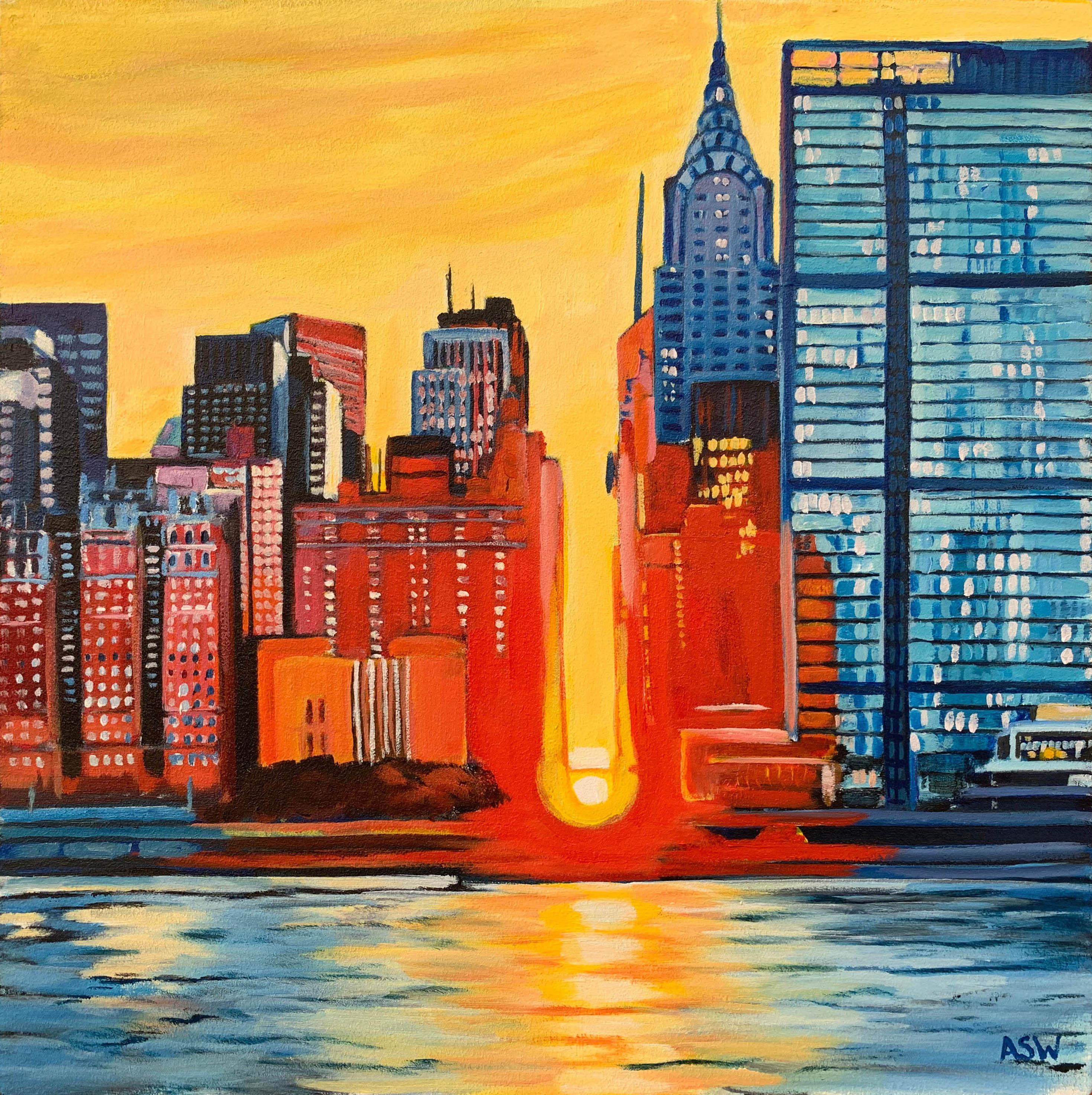 Contemporary Realism of New York City USA Sunset by leading British Urban Cityscape Artist Angela Wakefield. 

Art measures 13 x 13 inches
Frame measures 19 x 19 inches

Angela Wakefield has twice been on the front cover of ‘Art of England’ and
