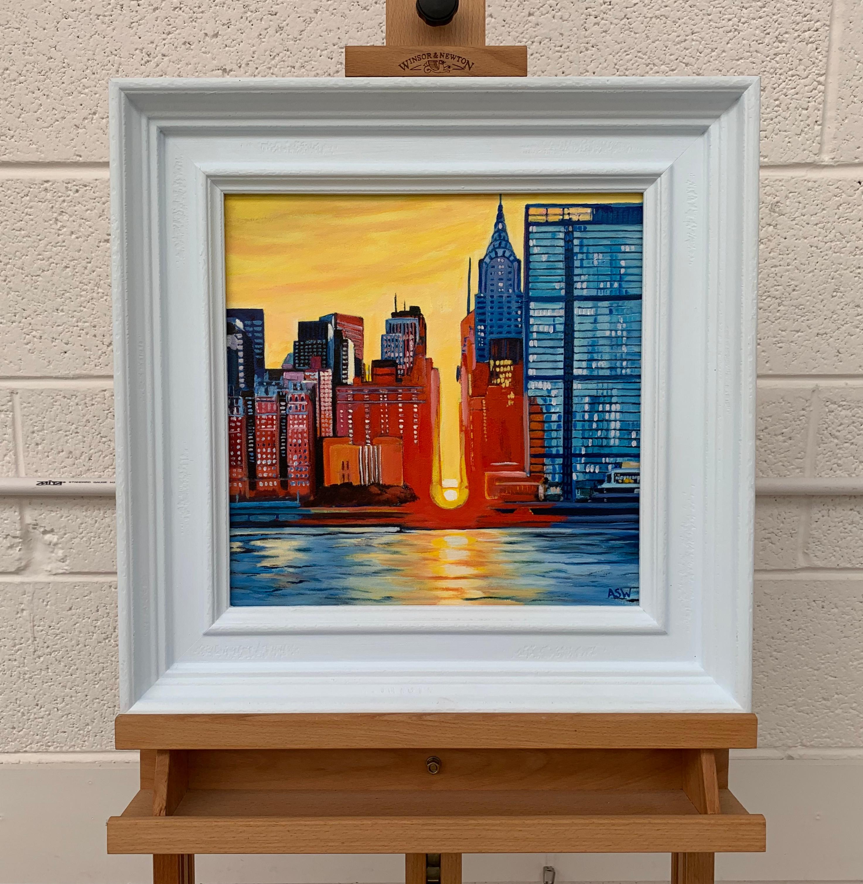 Contemporary Realism of New York City USA Sunset by Collectible British Artist - Impressionist Painting by Angela Wakefield