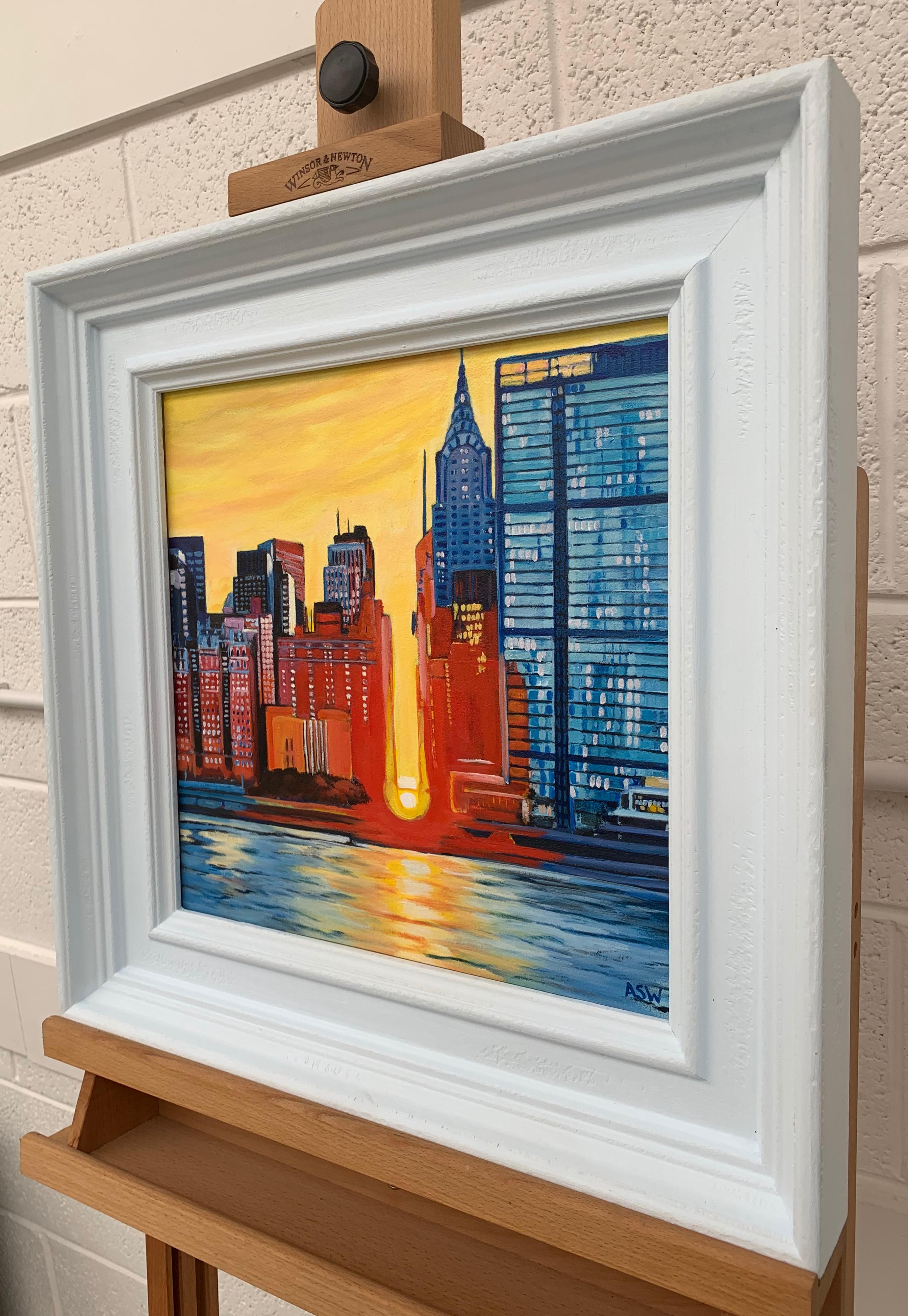 Contemporary Realism of New York City USA Sunset by Collectible British Artist - Brown Figurative Painting by Angela Wakefield