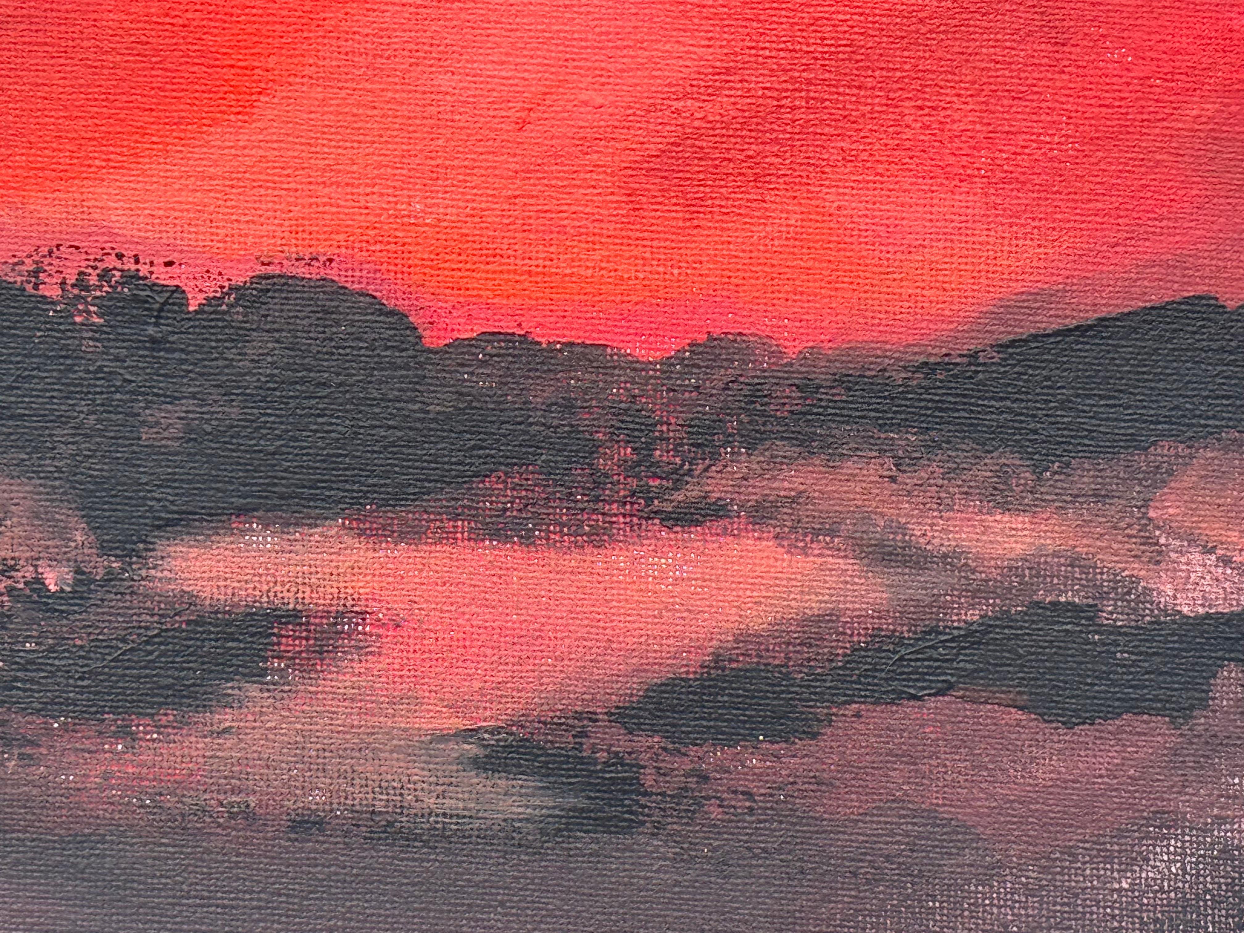 Crimson Evening Glow - Miniature Abstract Landscape Art by Contemporary Artist For Sale 8