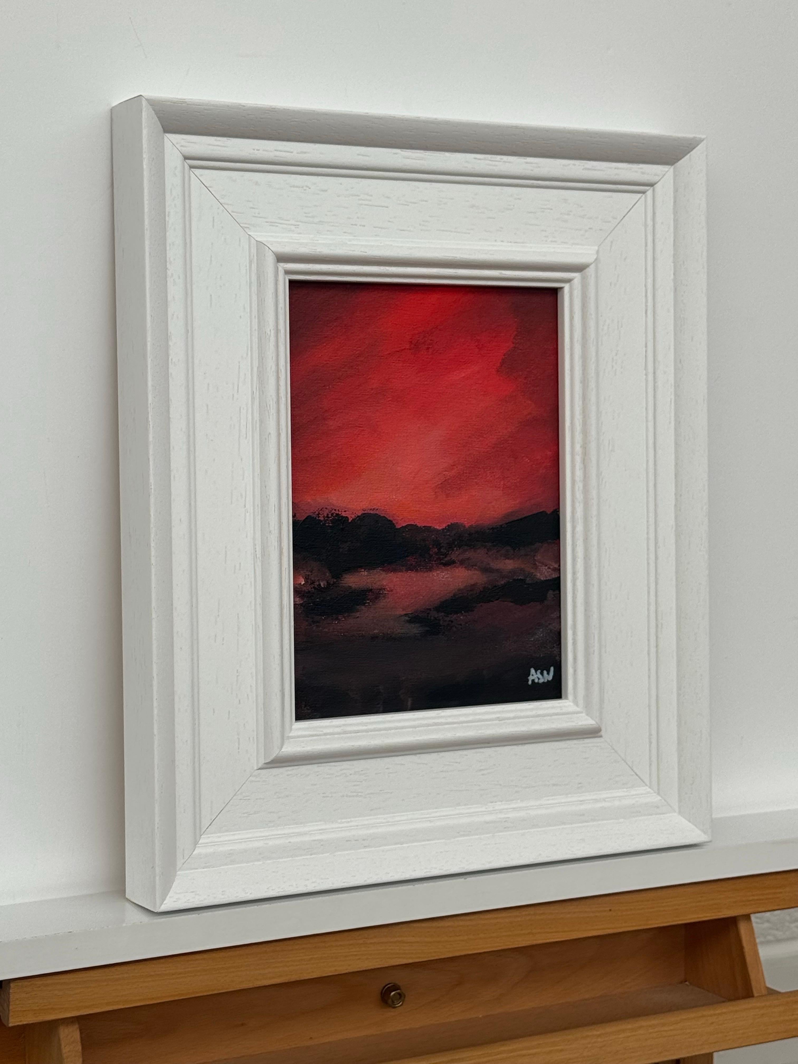 Crimson Evening Glow - Miniature Abstract Landscape Art by Contemporary Artist - Painting by Angela Wakefield