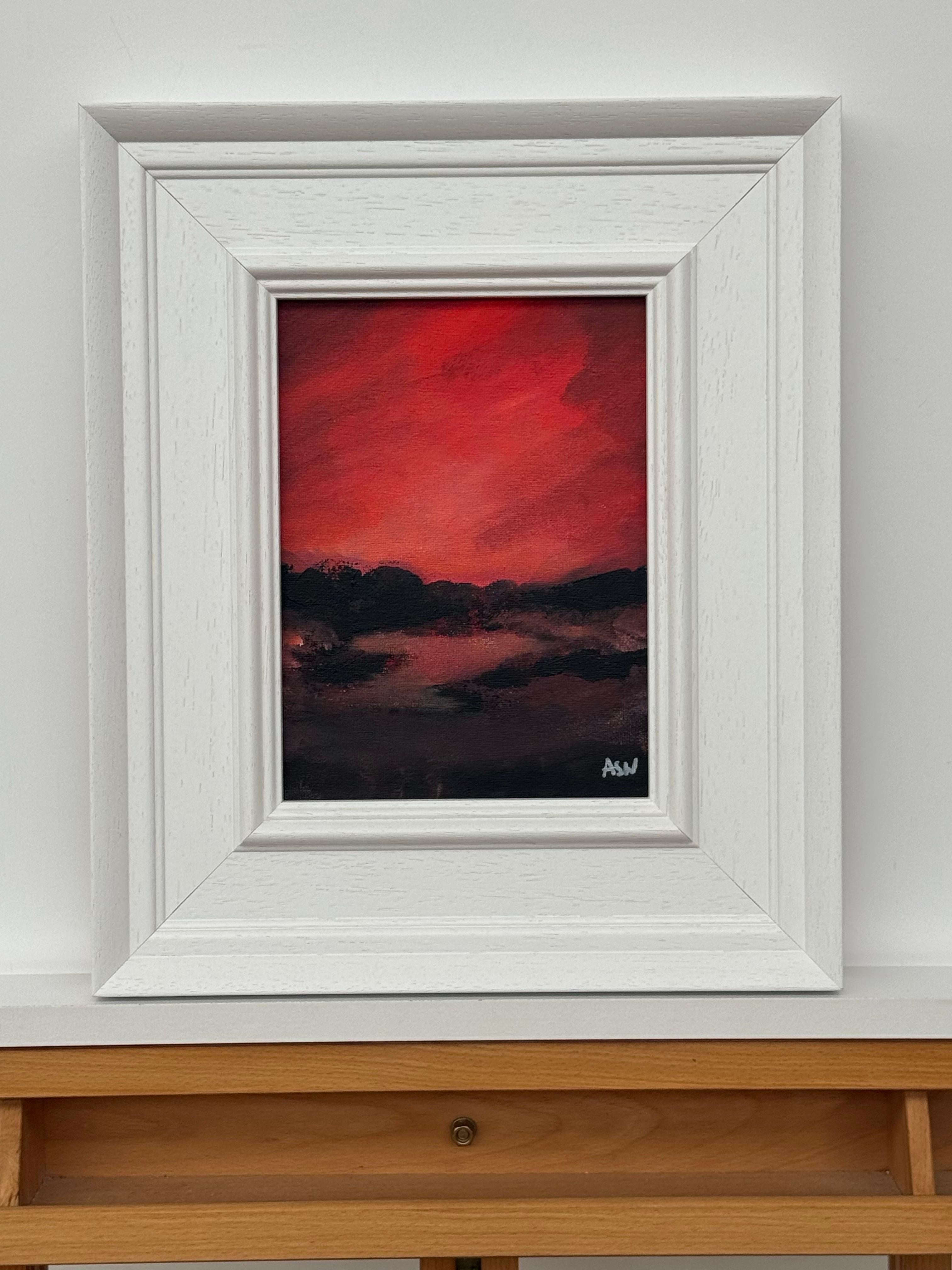 Crimson Evening Glow - Miniature Abstract Landscape Art by Contemporary Artist - Gray Landscape Painting by Angela Wakefield