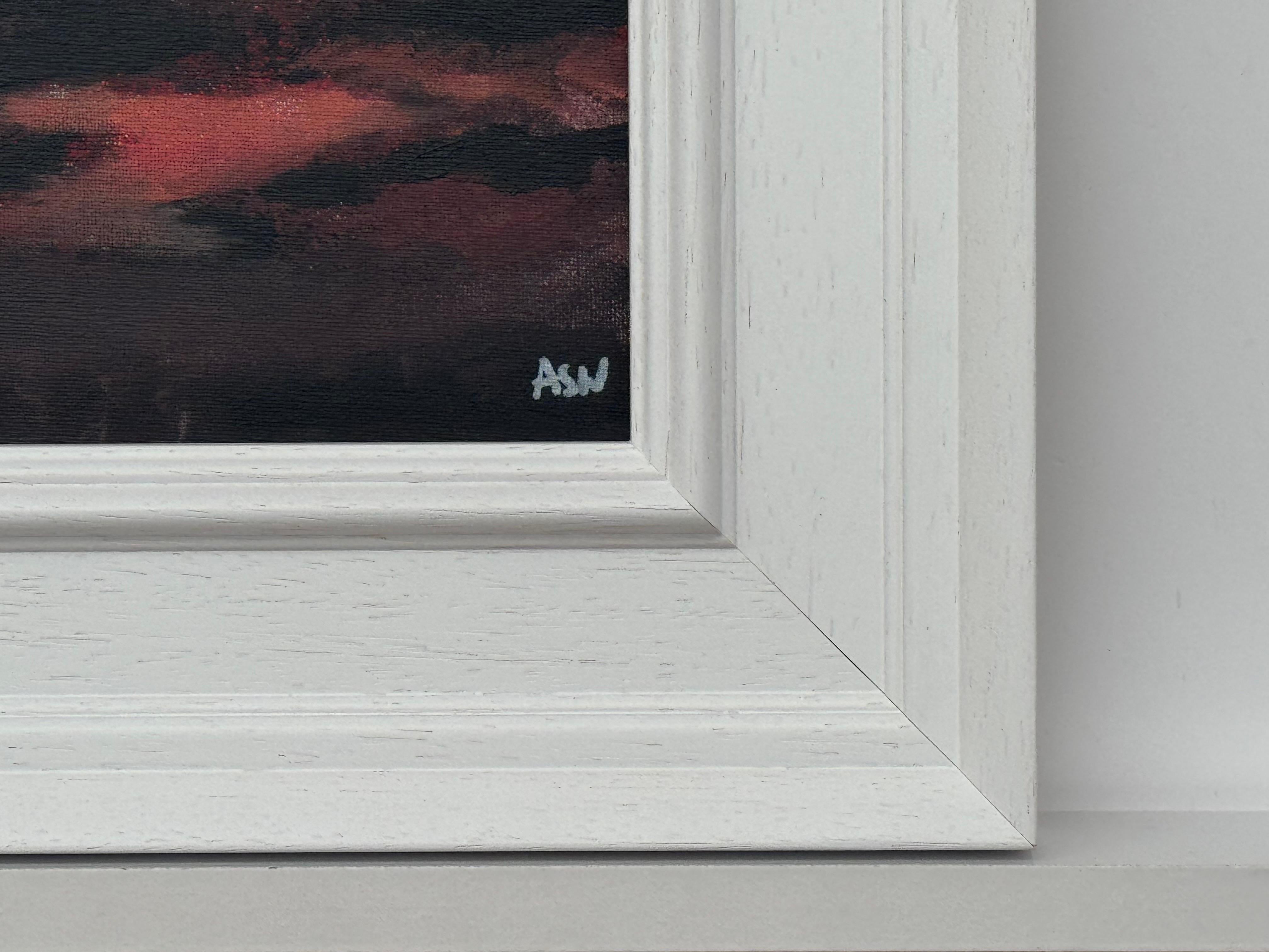 Crimson Evening Glow - Miniature Abstract Landscape Art by Contemporary Artist For Sale 3