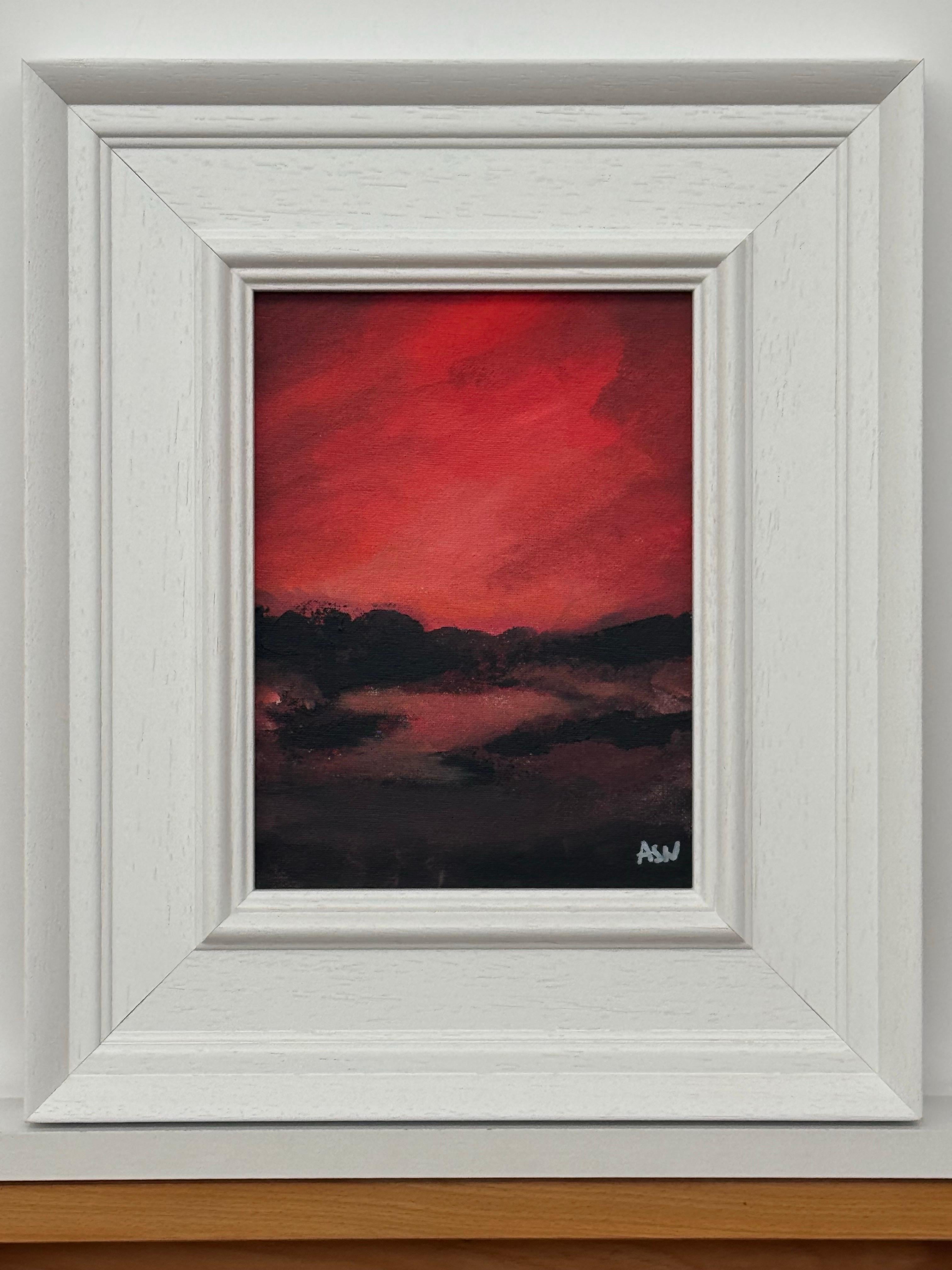 Crimson Evening Glow - Miniature Abstract Landscape Art by Contemporary Artist For Sale 4