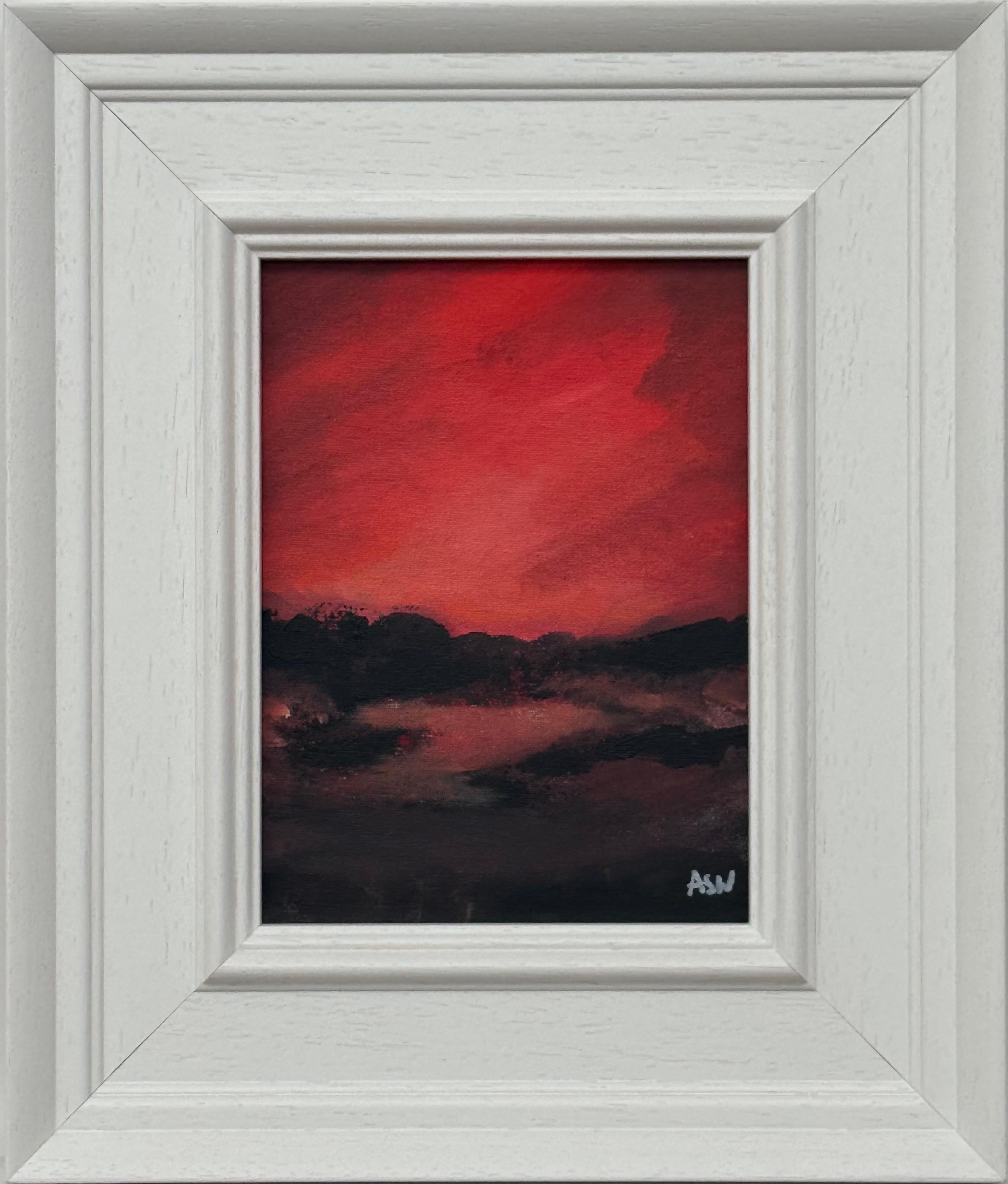Angela Wakefield Landscape Painting - Crimson Evening Glow - Miniature Abstract Landscape Art by Contemporary Artist