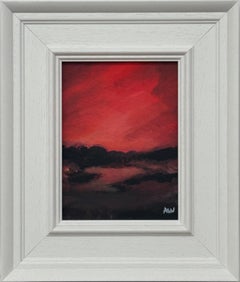 Crimson Evening Glow - Miniature Abstract Landscape Art by Contemporary Artist