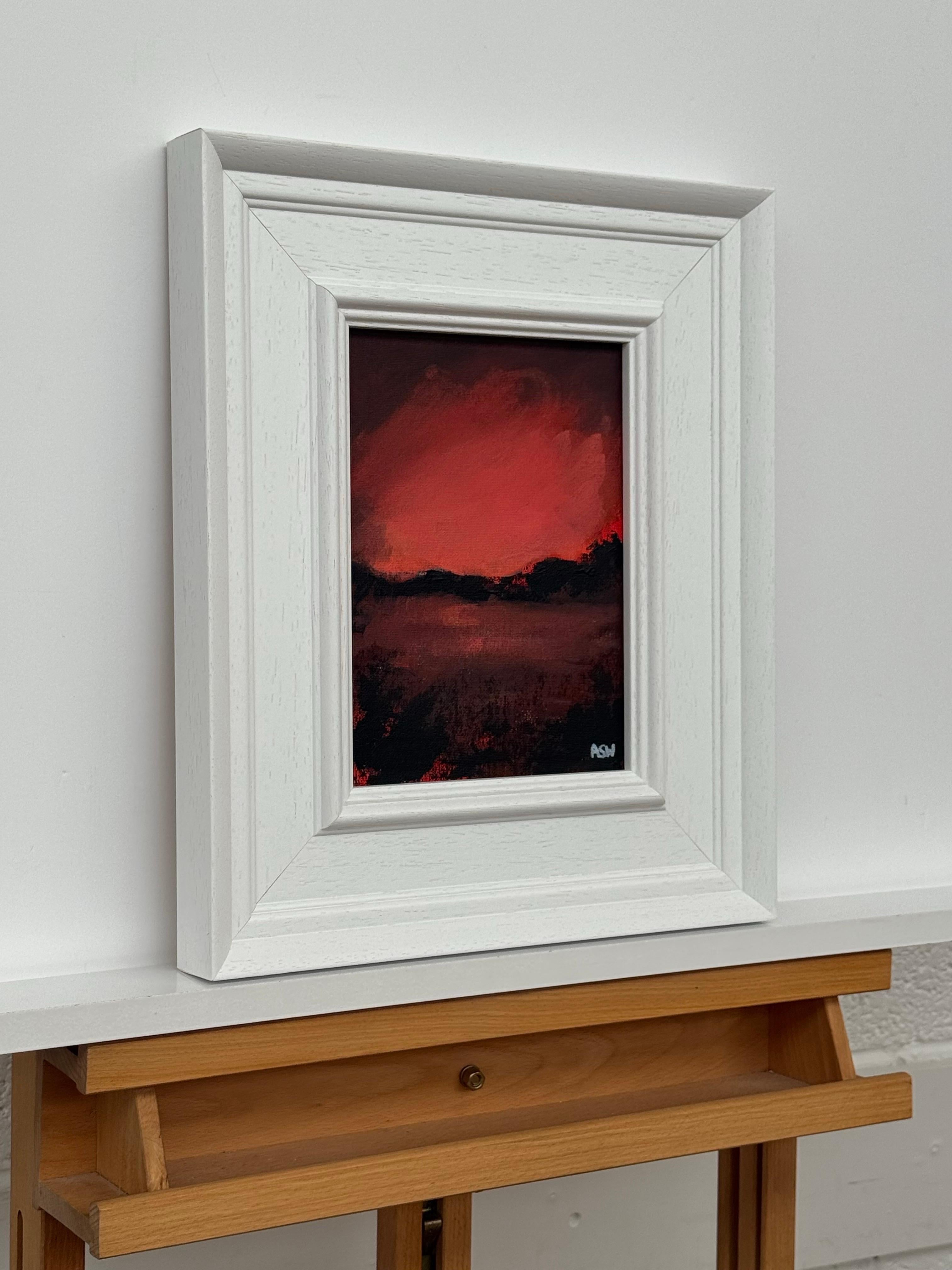 Crimson Shadow - Miniature Abstract Landscape Art by Contemporary Artist - Painting by Angela Wakefield