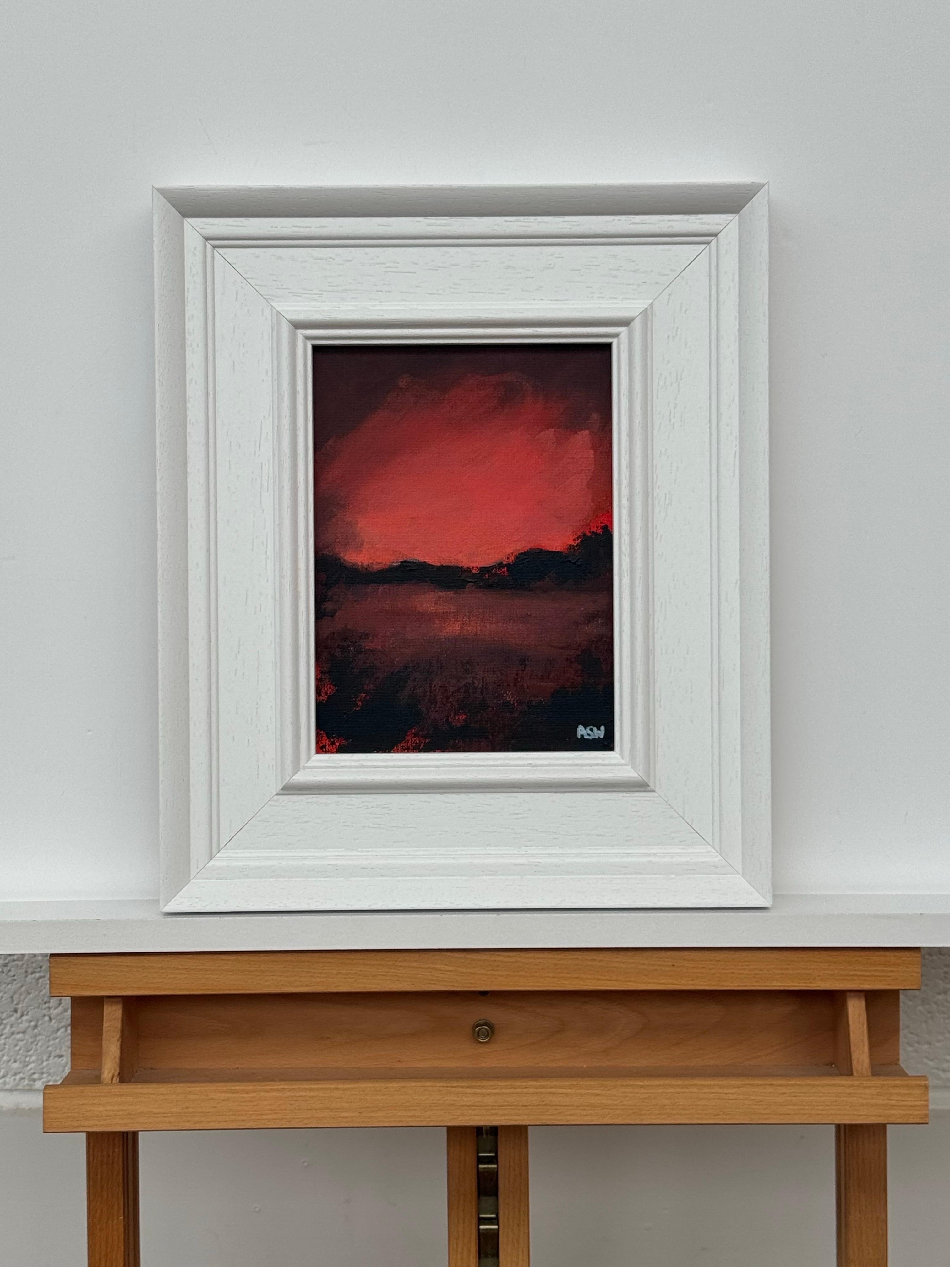 Crimson Shadow - Miniature Abstract Landscape Art by Contemporary Artist - Gray Abstract Painting by Angela Wakefield