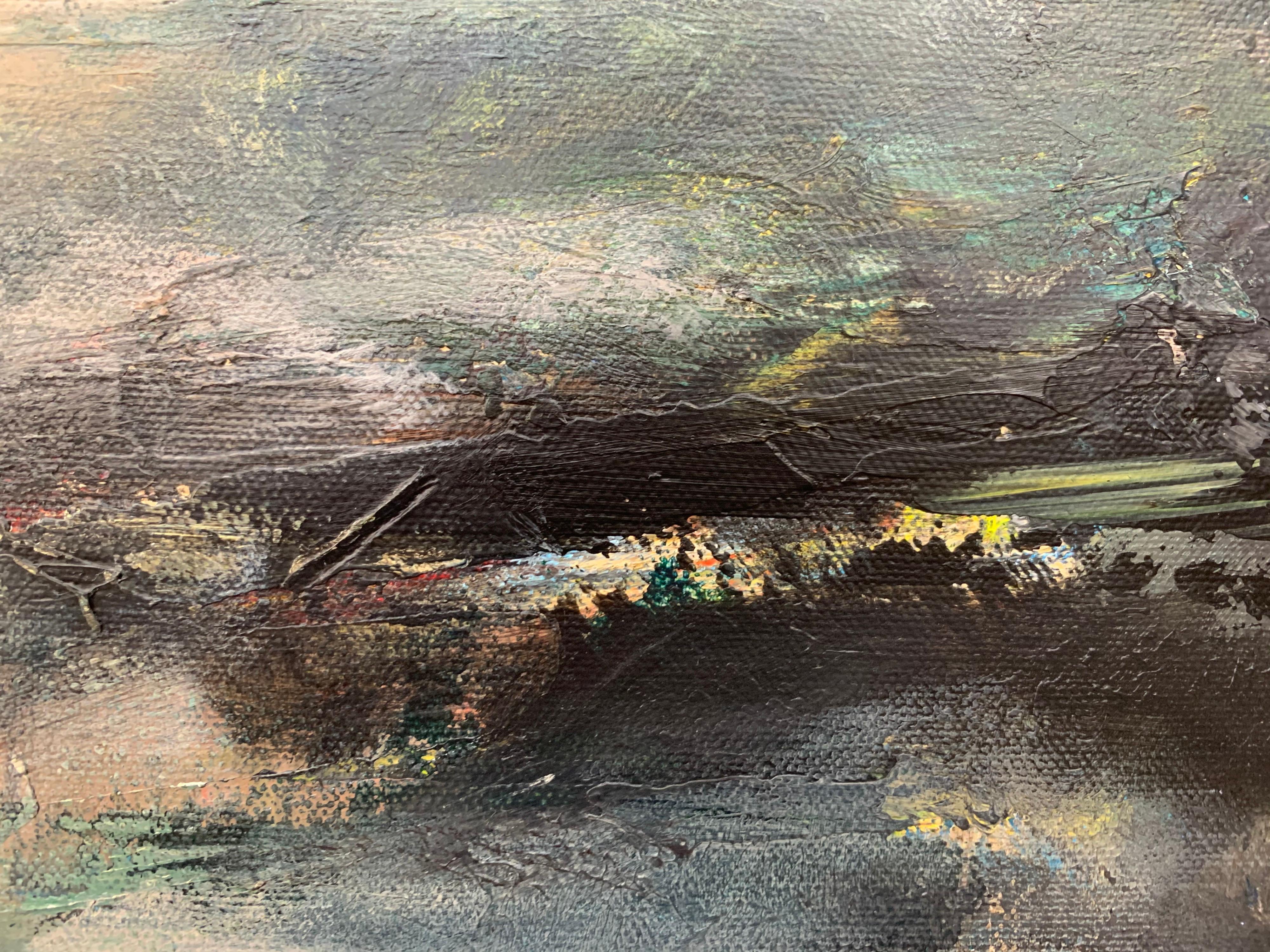 Dark Atmospheric Abstract Landscape Painting by Contemporary British Artist For Sale 12