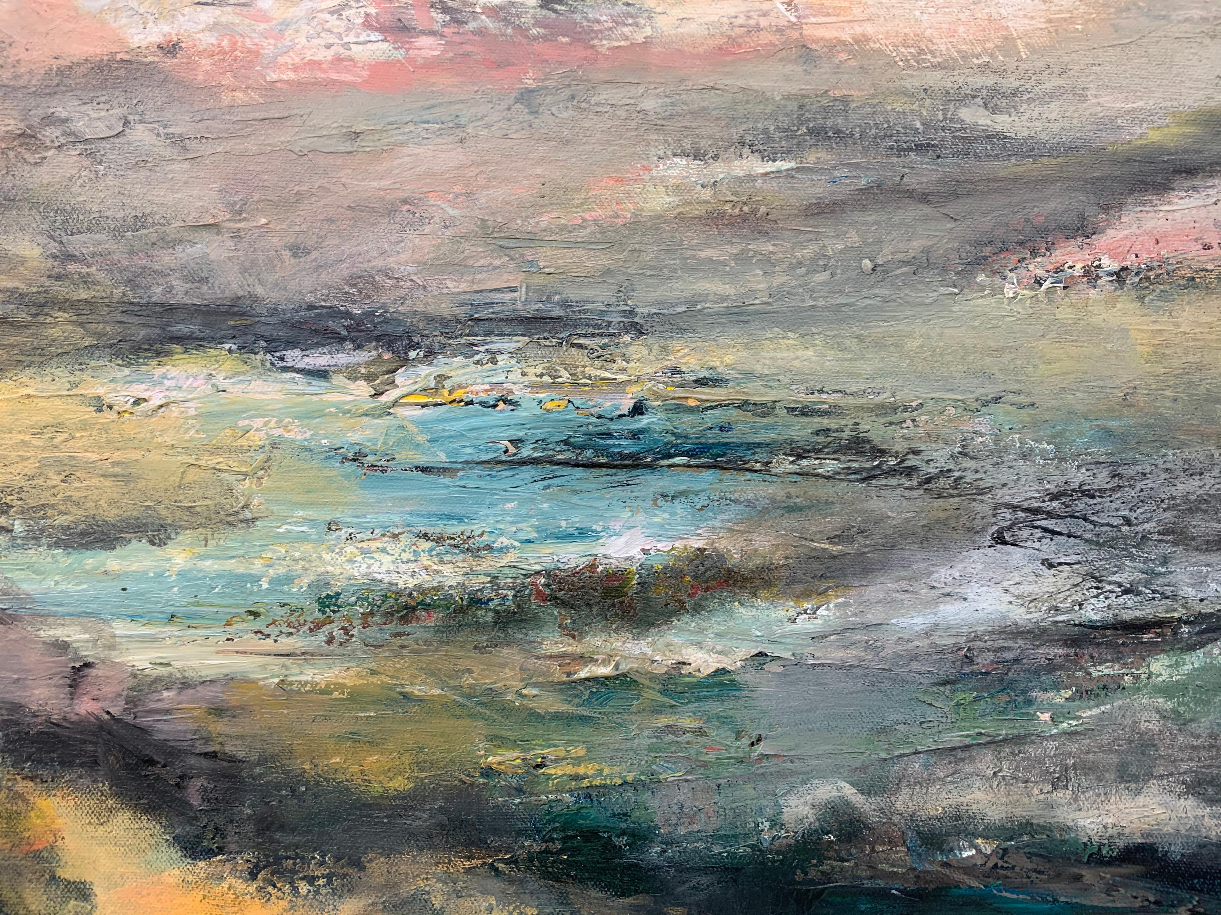 Dark Atmospheric Abstract Landscape Painting by Contemporary British Artist For Sale 15