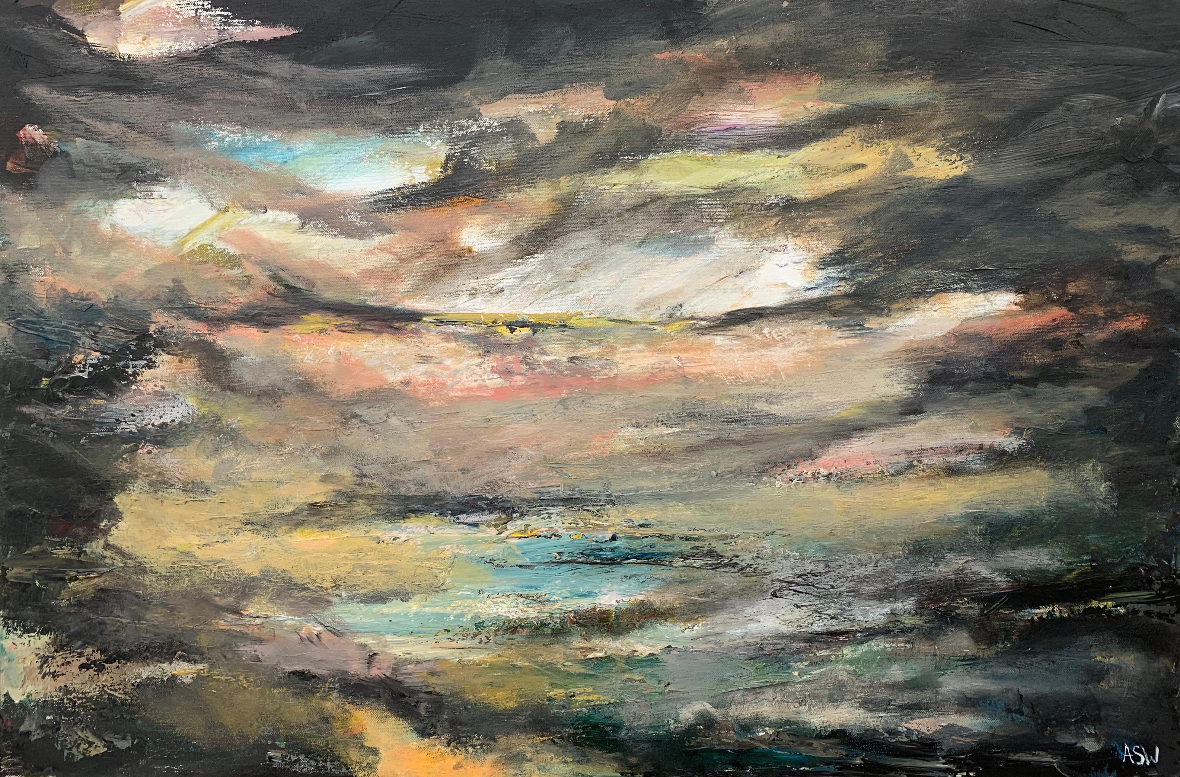 Dark Atmospheric Abstract Landscape Painting by Contemporary British Artist For Sale 6
