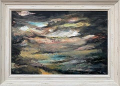 Peinture de paysage abstrait à l'atmosphère sombre d'un artiste britannique contemporain