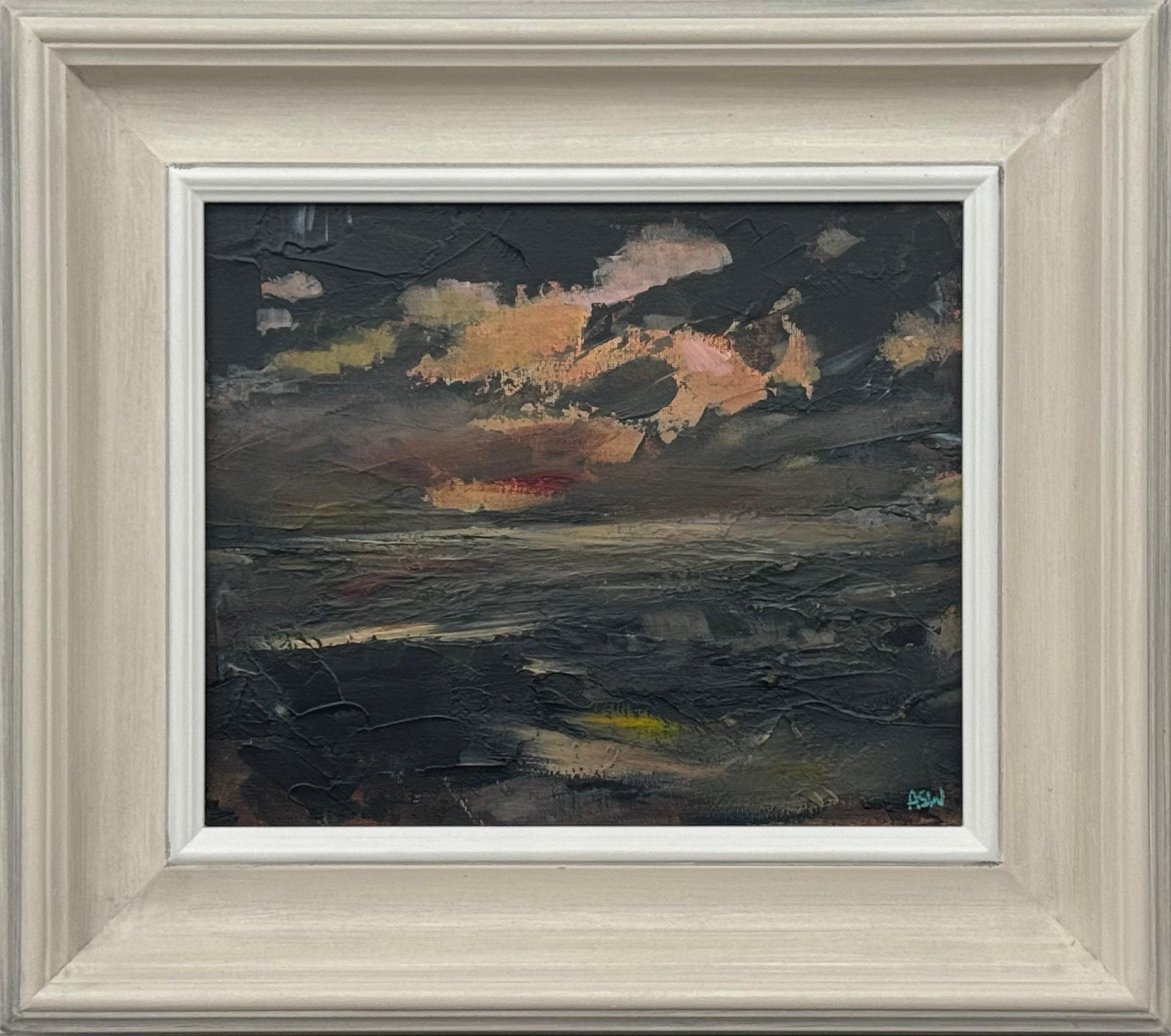 Landscape Painting di Angela Wakefield - Paesaggio costiero astratto e scuro con texture al tramonto dell'artista britannico