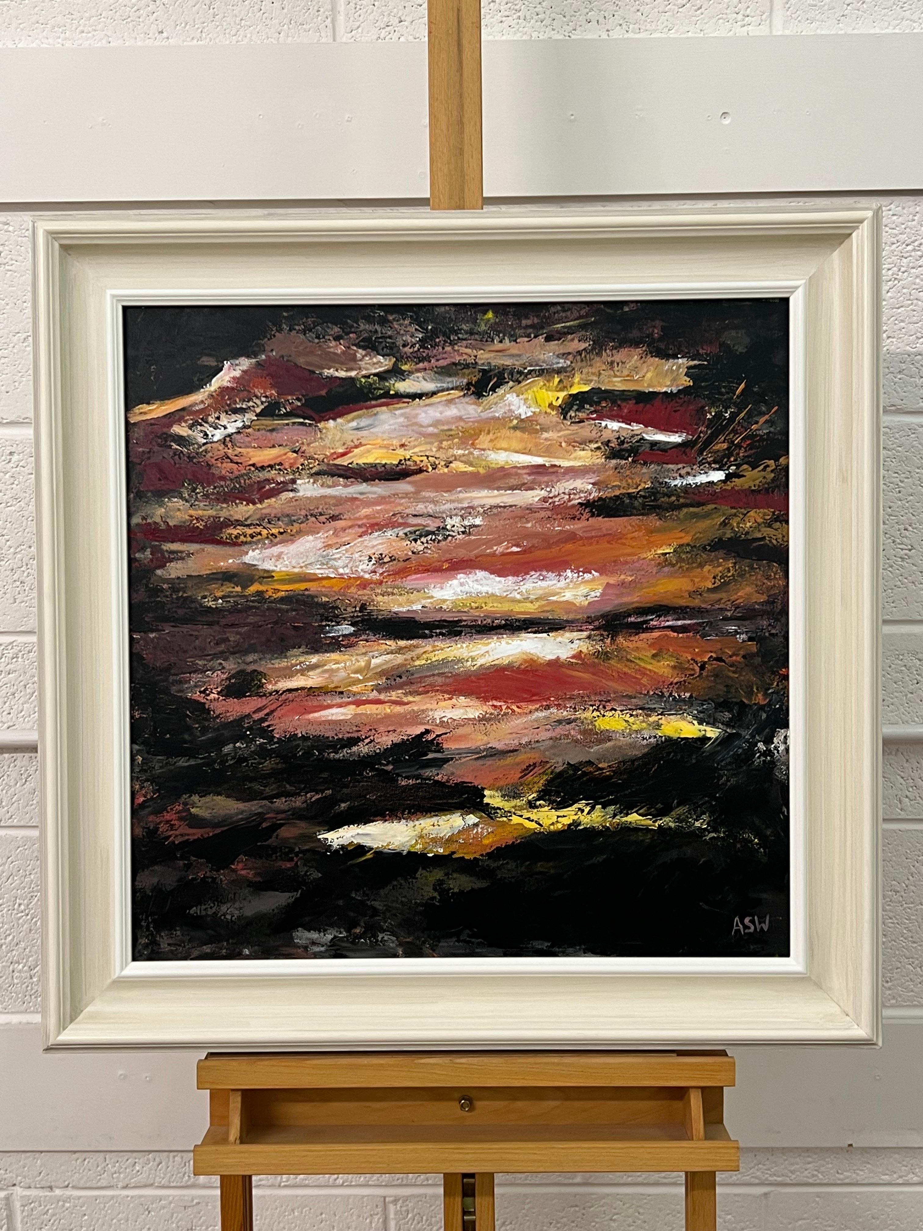 Dark Abstract Impressionist Seascape Landscape by Contemporary British Artist, Angela Wakefield. This atmospheric painting depicts an imagined scene using black and golden oranges and yellow colours. This unique original forms part of a new body of