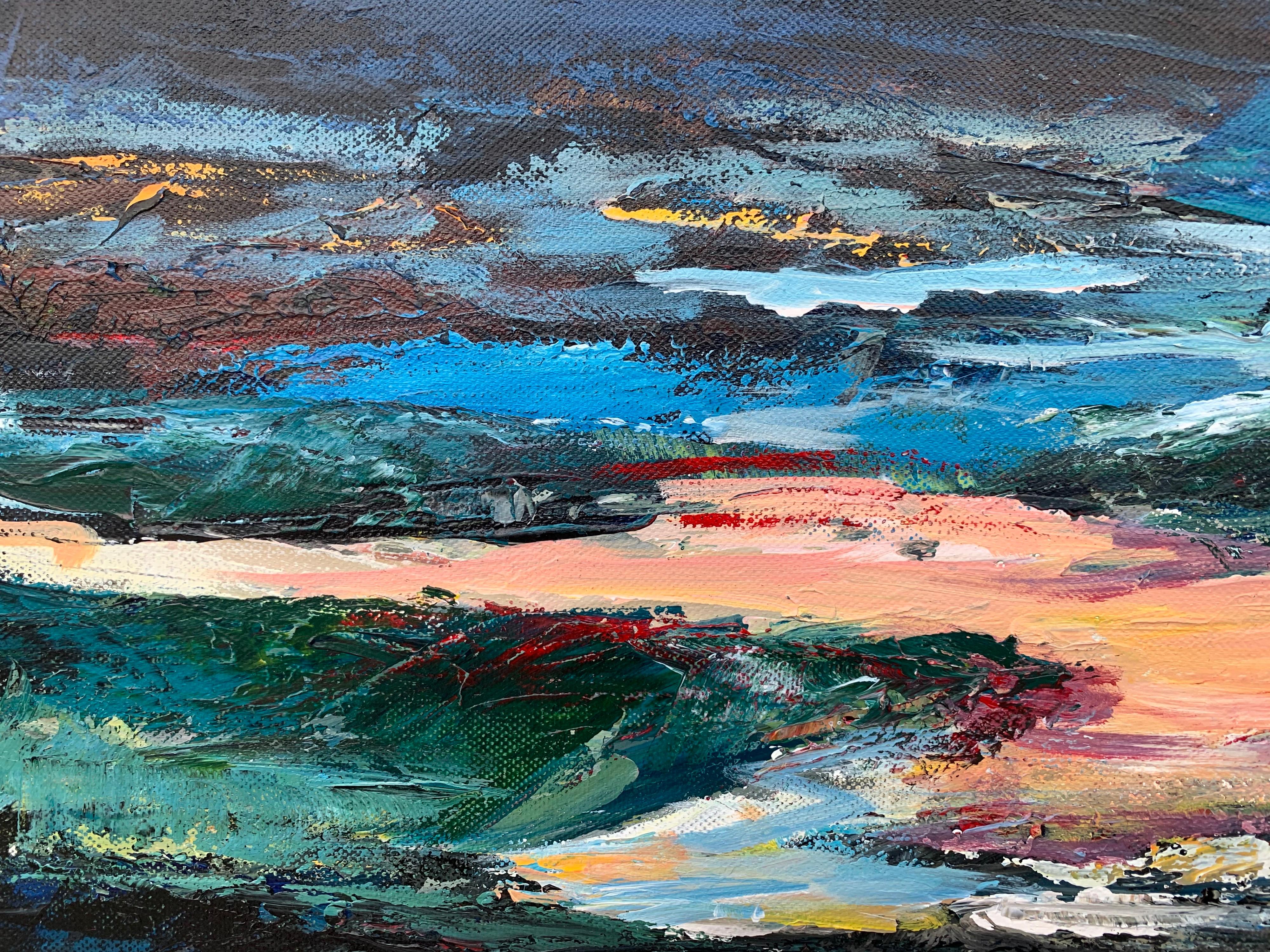 Dark Panoramic Expressive Abstract Mountain Landscape by Contemporary British Artist, Angela Wakefield. 

Art measures 31.5 x 12 inches
Frame measures 37.5 x 18 inches

Angela Wakefield has twice been on the front cover of ‘Art of England’ and