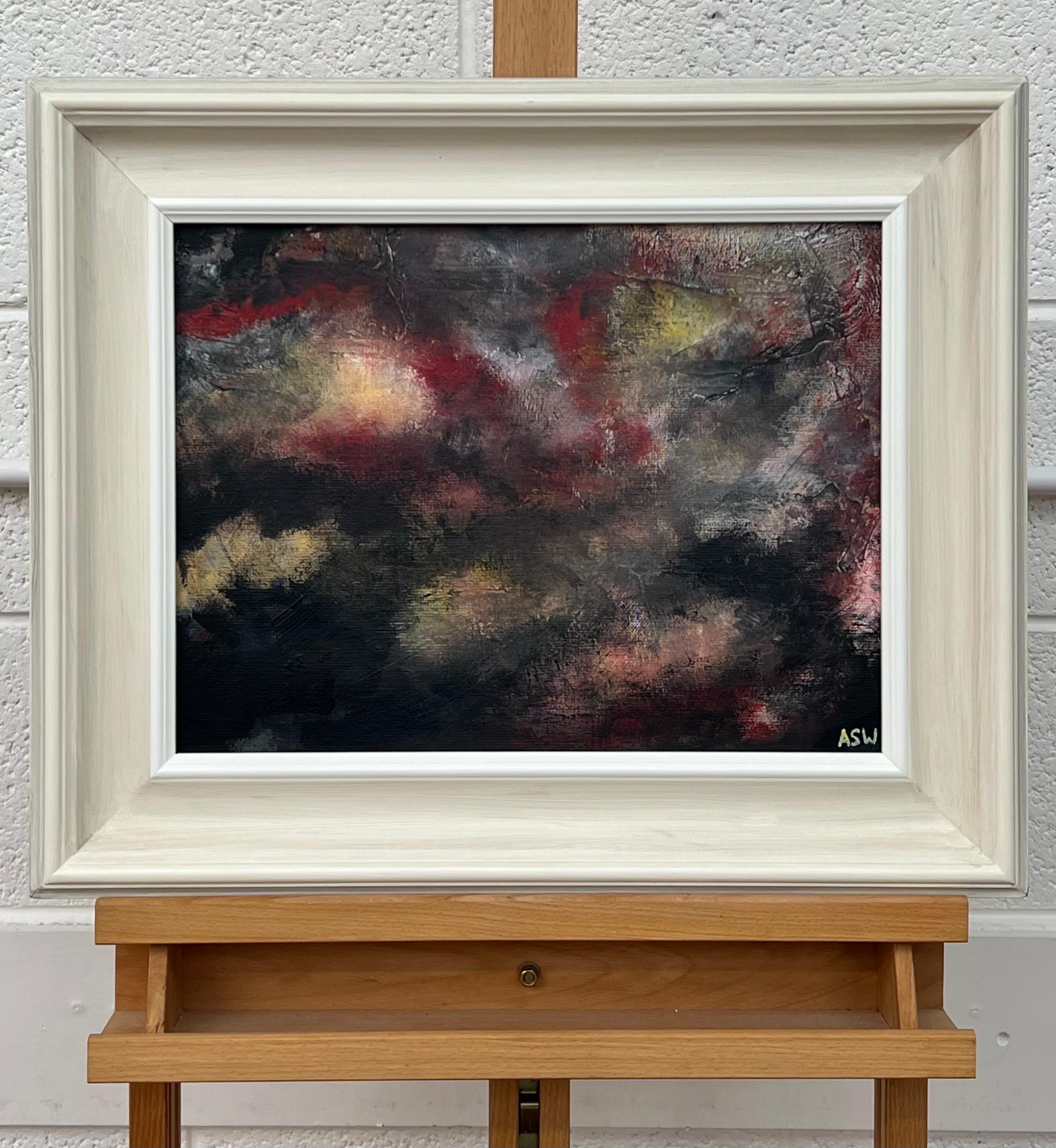 Dark Red & Black Expressive Abstract Painting by Contemporary British Artist, Angela Wakefield. This unique original forms part of a new body of work based on human emotions, and explores the boundaries between landscape, skyscape, cloudscape and