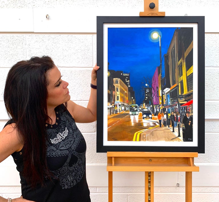 Deansgate in the Rain Manchester City Street Scene England by British Artist - Painting by Angela Wakefield